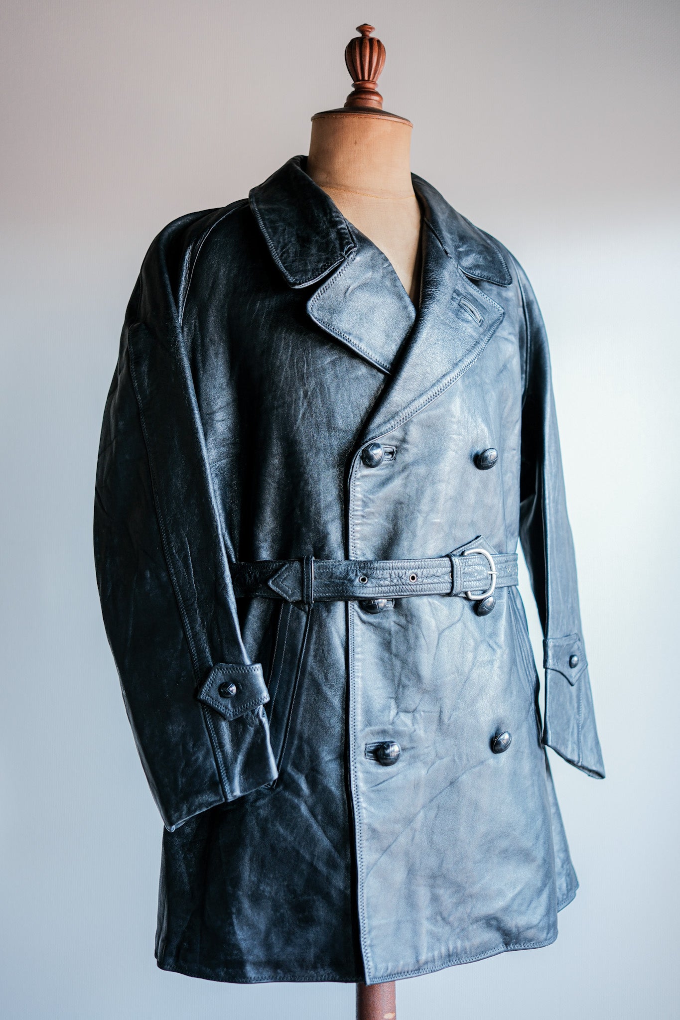 【~50's】Italian Army Police Double Breasted Leather Coat Size.2 "Carabinieri"