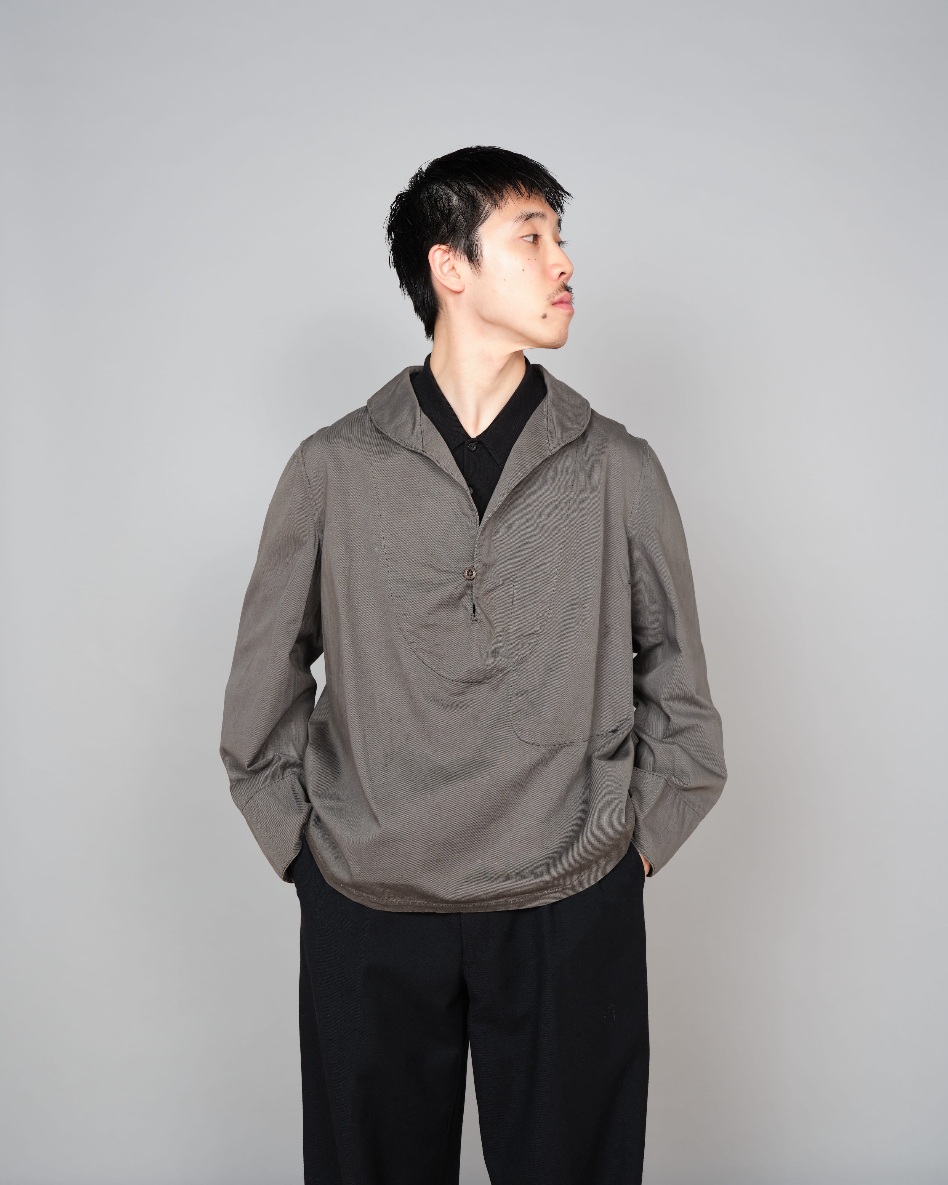 【~30's】French Navy Gray Cotton Twill Sailor Work Smock "Overdyed" "Marine Nationale"