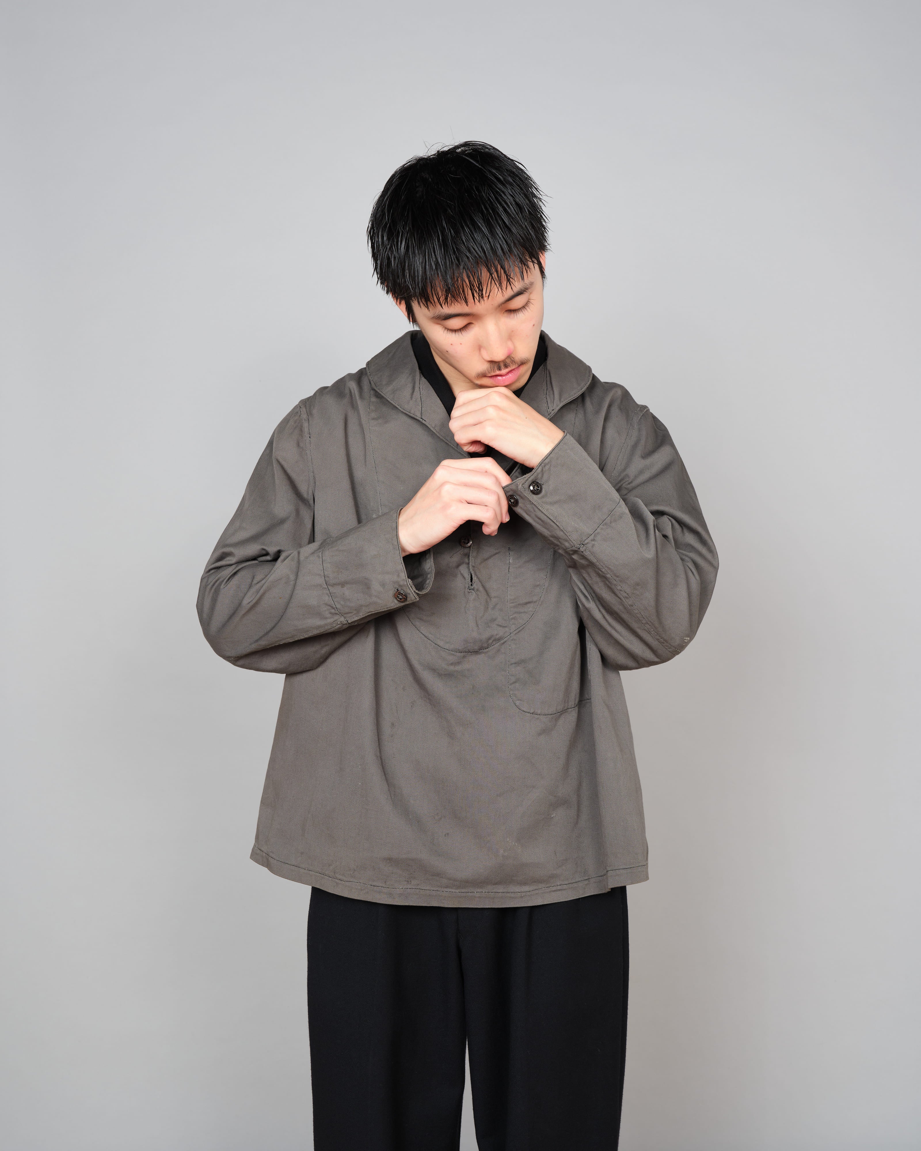 【~30's】French Navy Gray Cotton Twill Sailor Work Smock "Overdyed" "Marine Nationale"