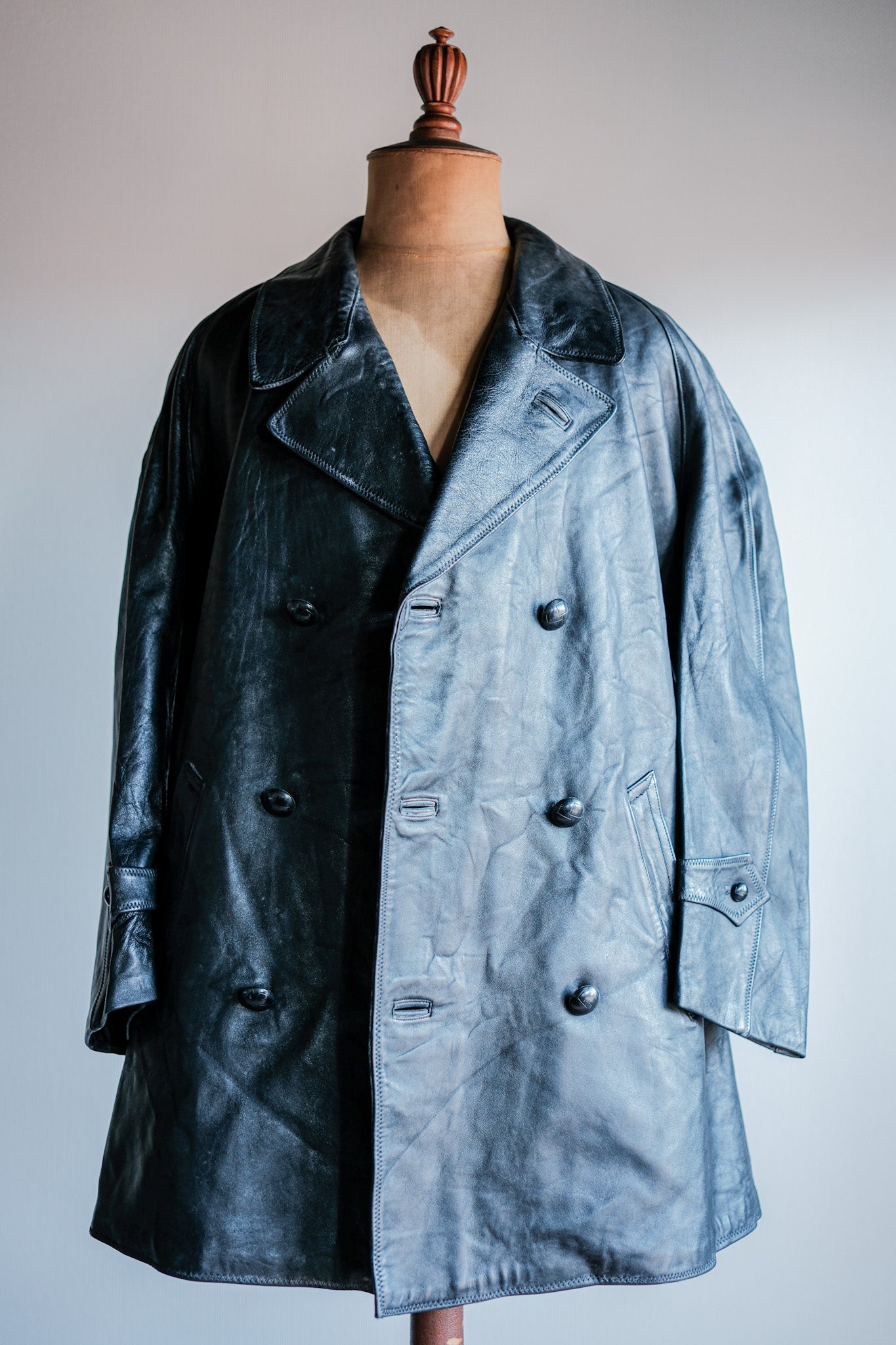 【~50's】Italian Army Police Double Breasted Leather Coat Size.2 "Carabinieri"