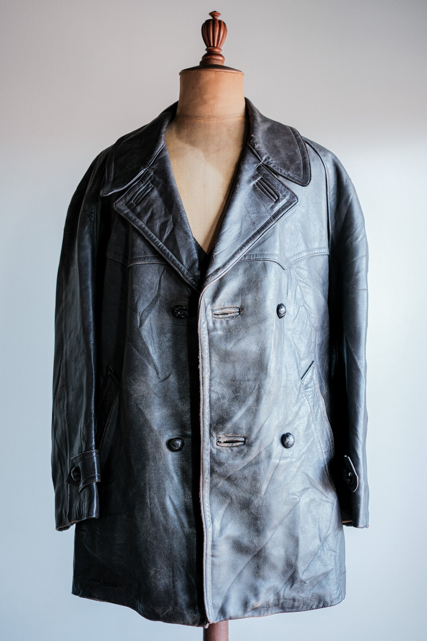 【~50's】French Vintage Double Breasted Leather Work Coat Size.54 "Adolphe Lafont"