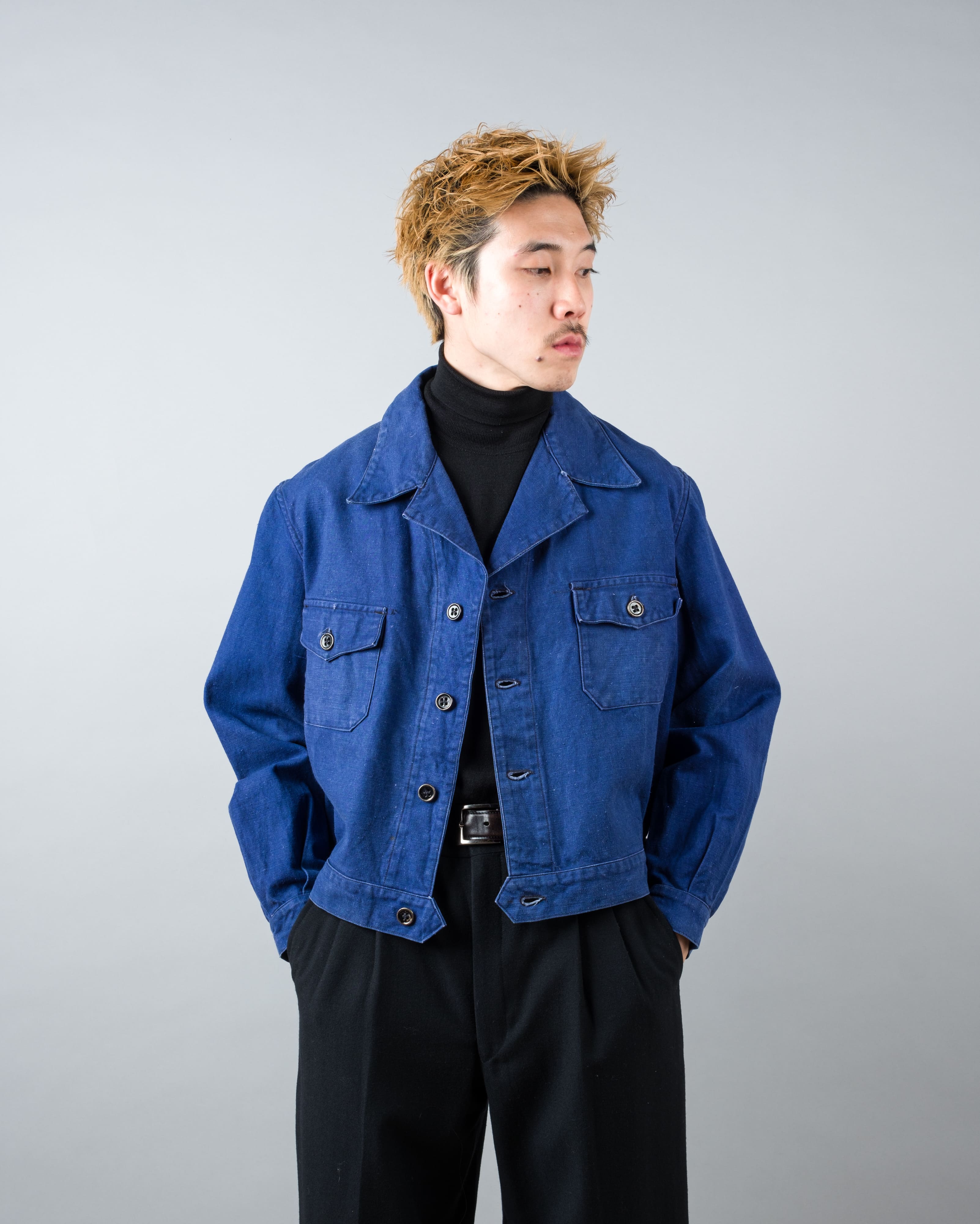 【~40's】French Vintage Deep Blue Cotton Twill Cyclist Jacket