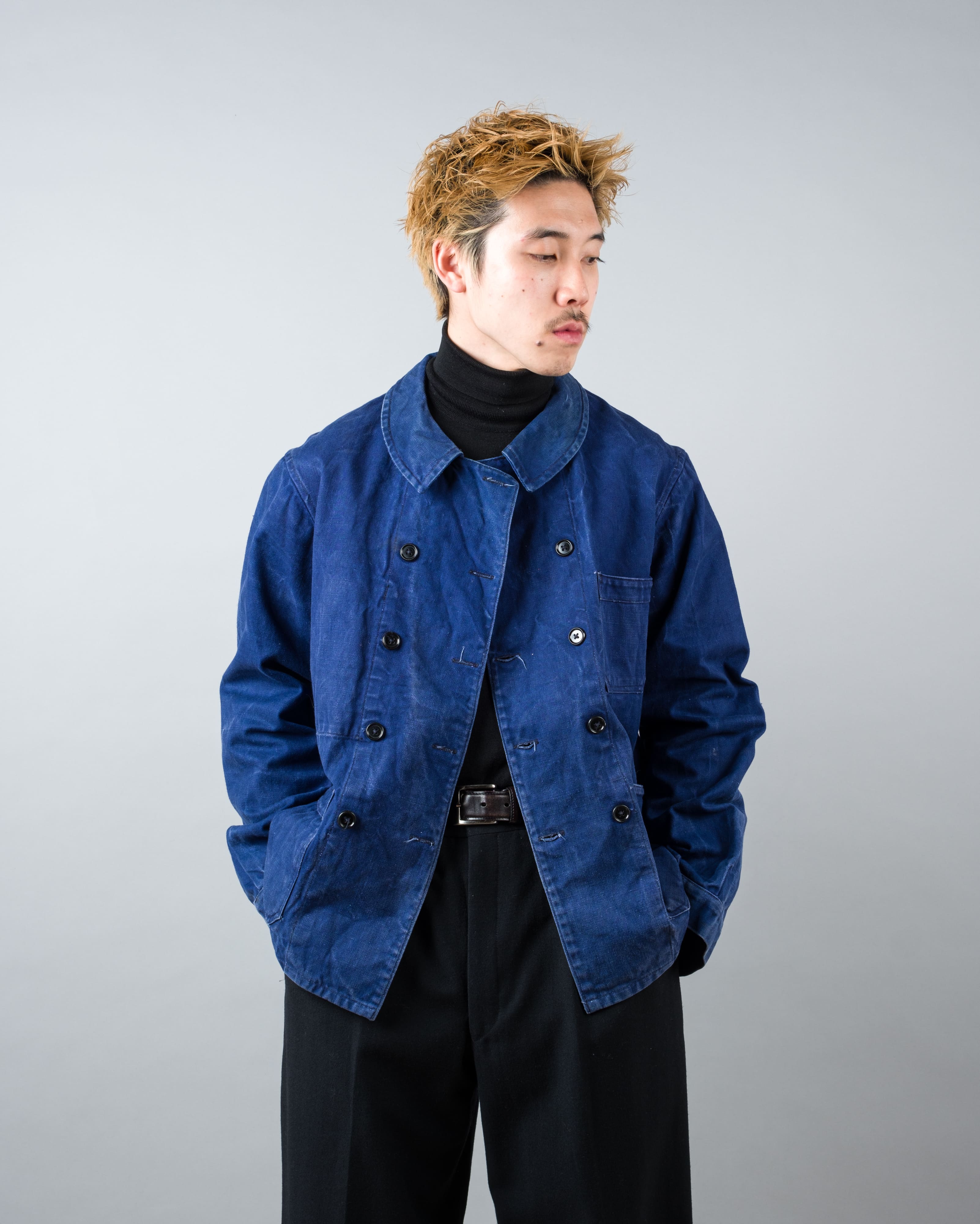 【~50's】French Vintage Deep Blue Cotton Twill Double Breasted Work Jacket