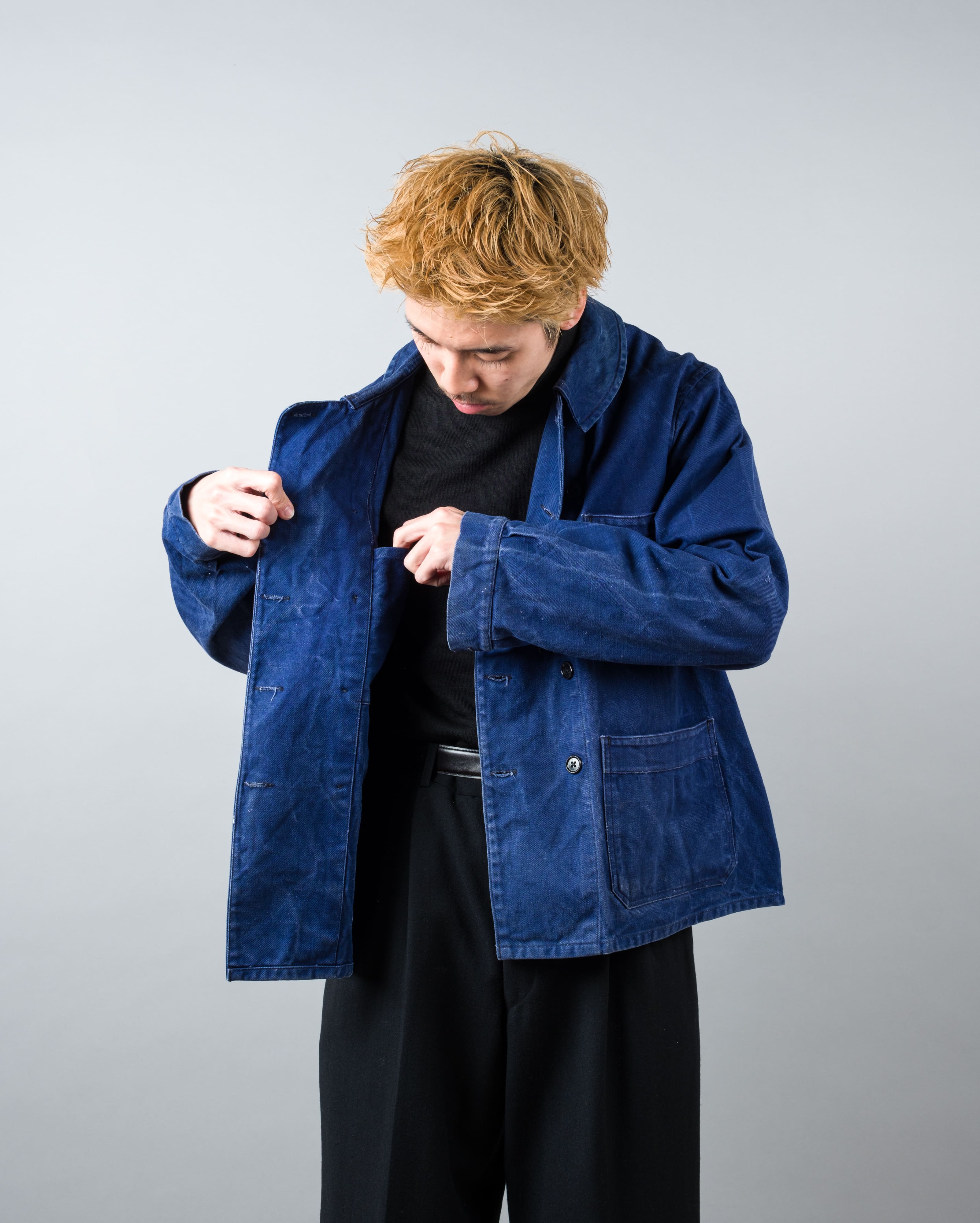 【~50's】French Vintage Deep Blue Cotton Twill Double Breasted Work Jacket