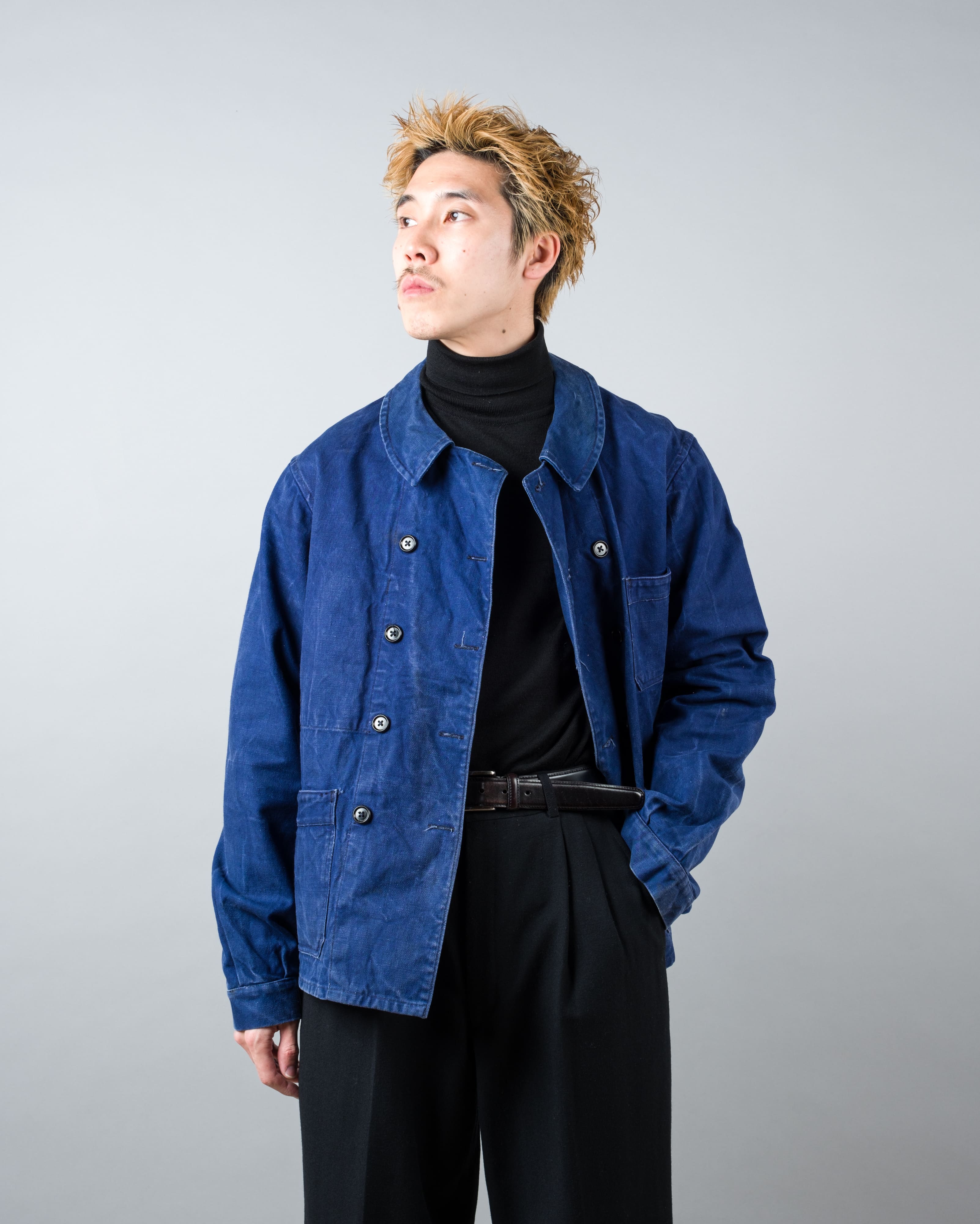 【~50's】French Vintage Deep Blue Cotton Twill Double Breasted Work Jacket