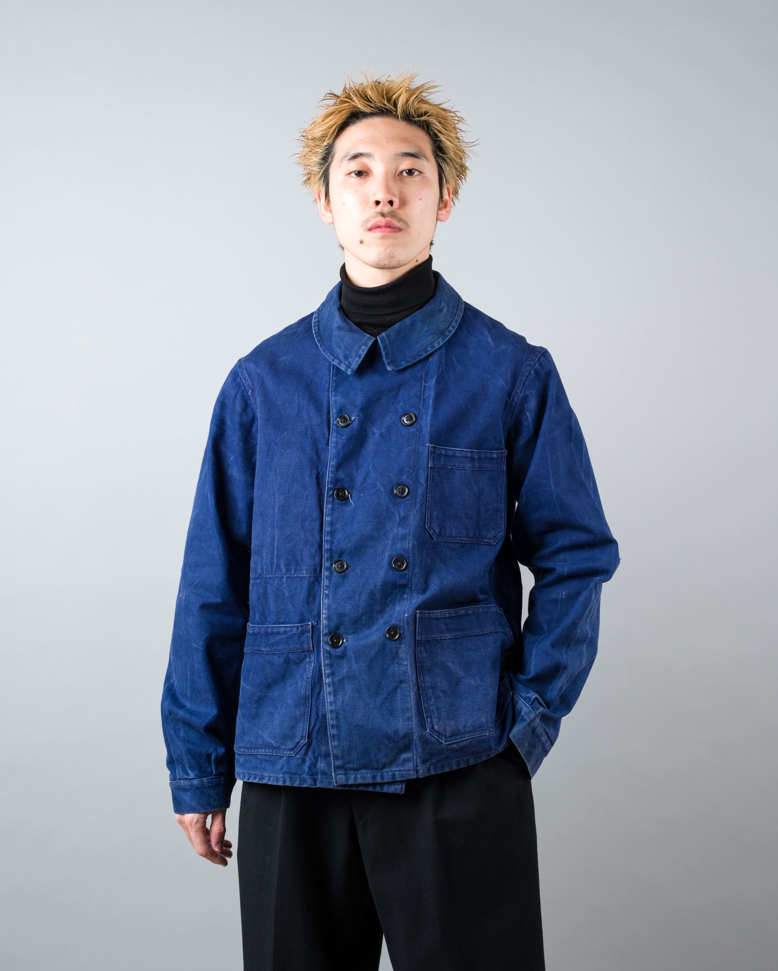 【~50's】French Vintage Deep Blue Cotton Twill Double Breasted Work Jacket