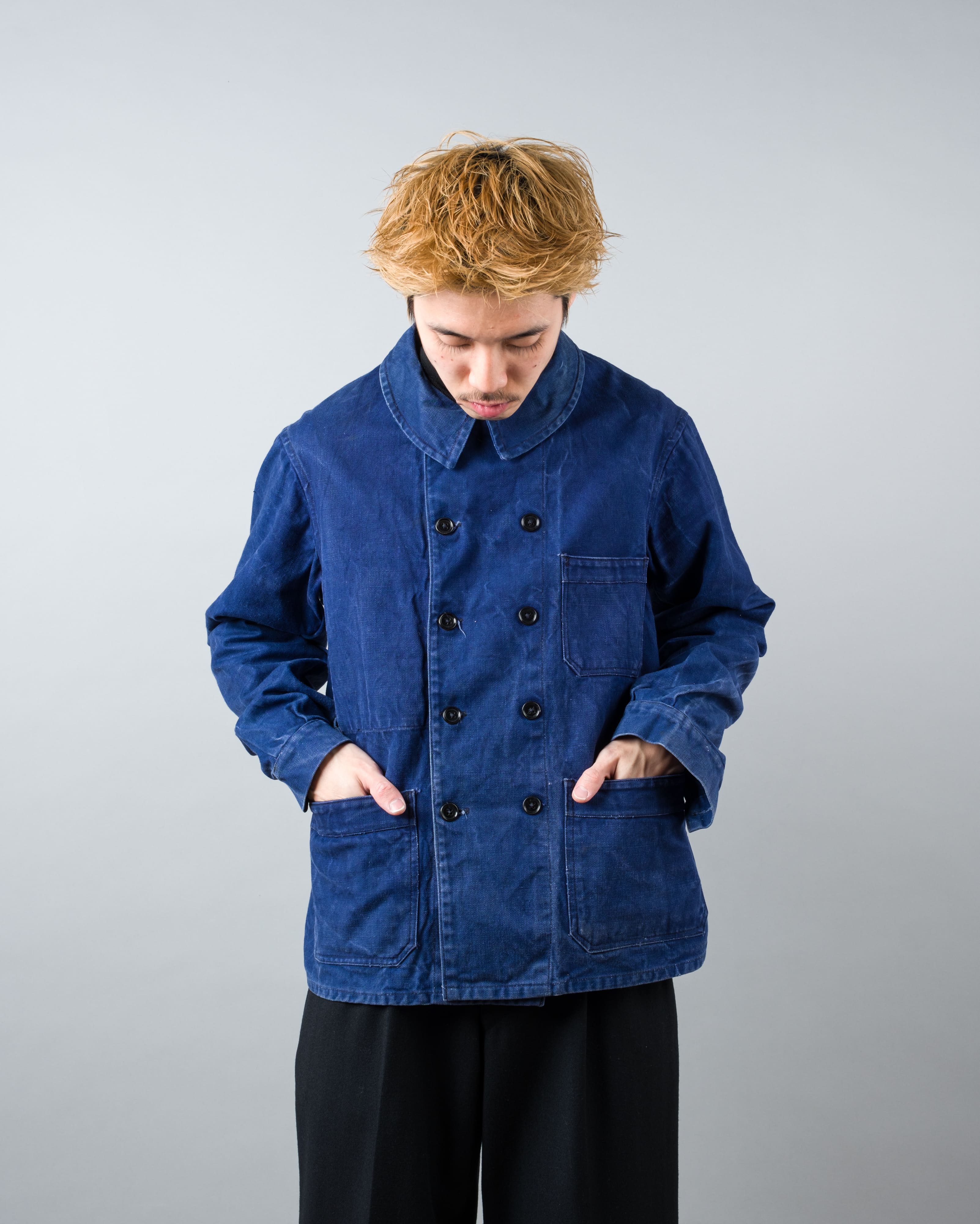 【~50's】French Vintage Deep Blue Cotton Twill Double Breasted Work Jacket