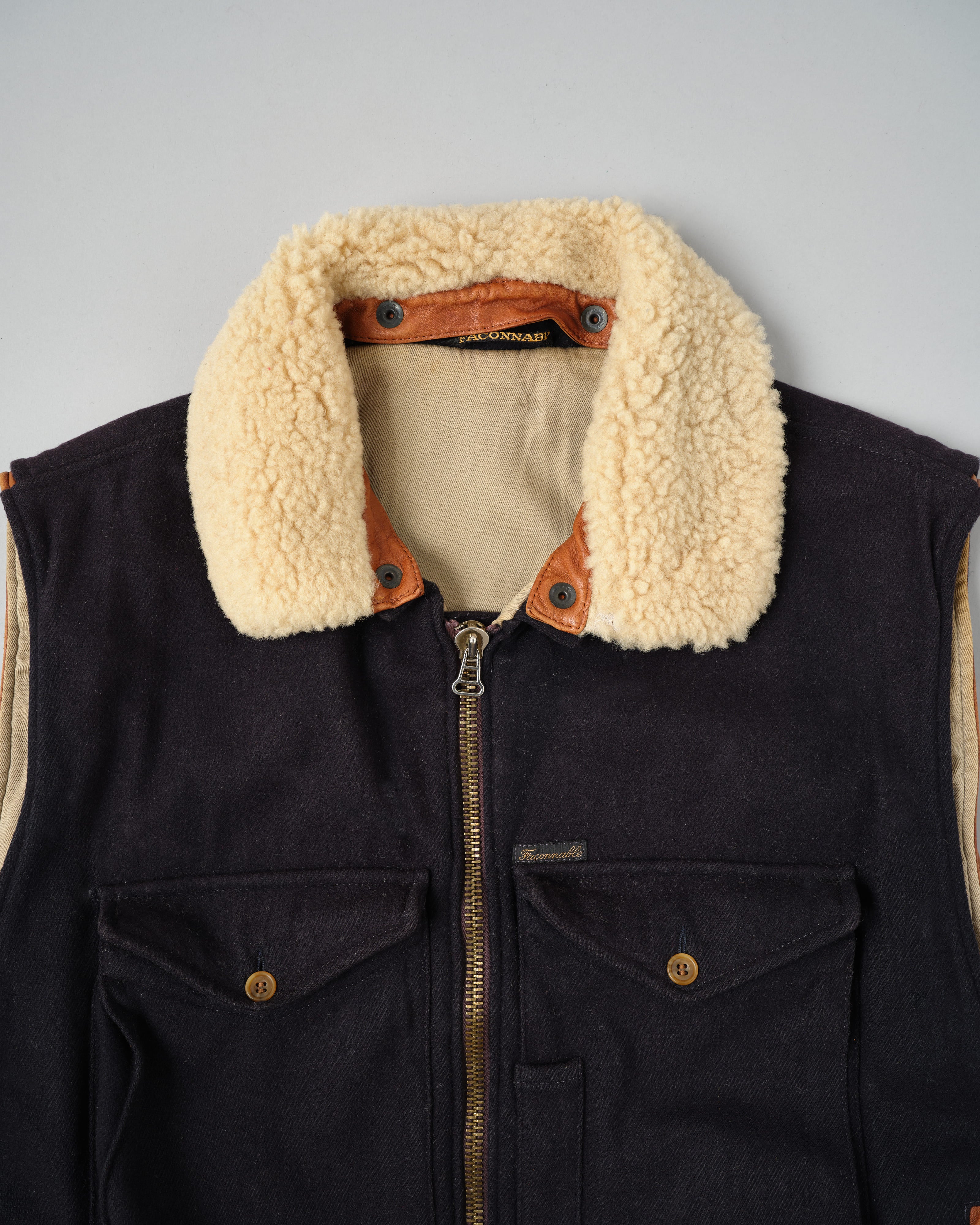 【~80’s】Vintage Façonnable Boa Collar Mixed Wool Vest Size.3