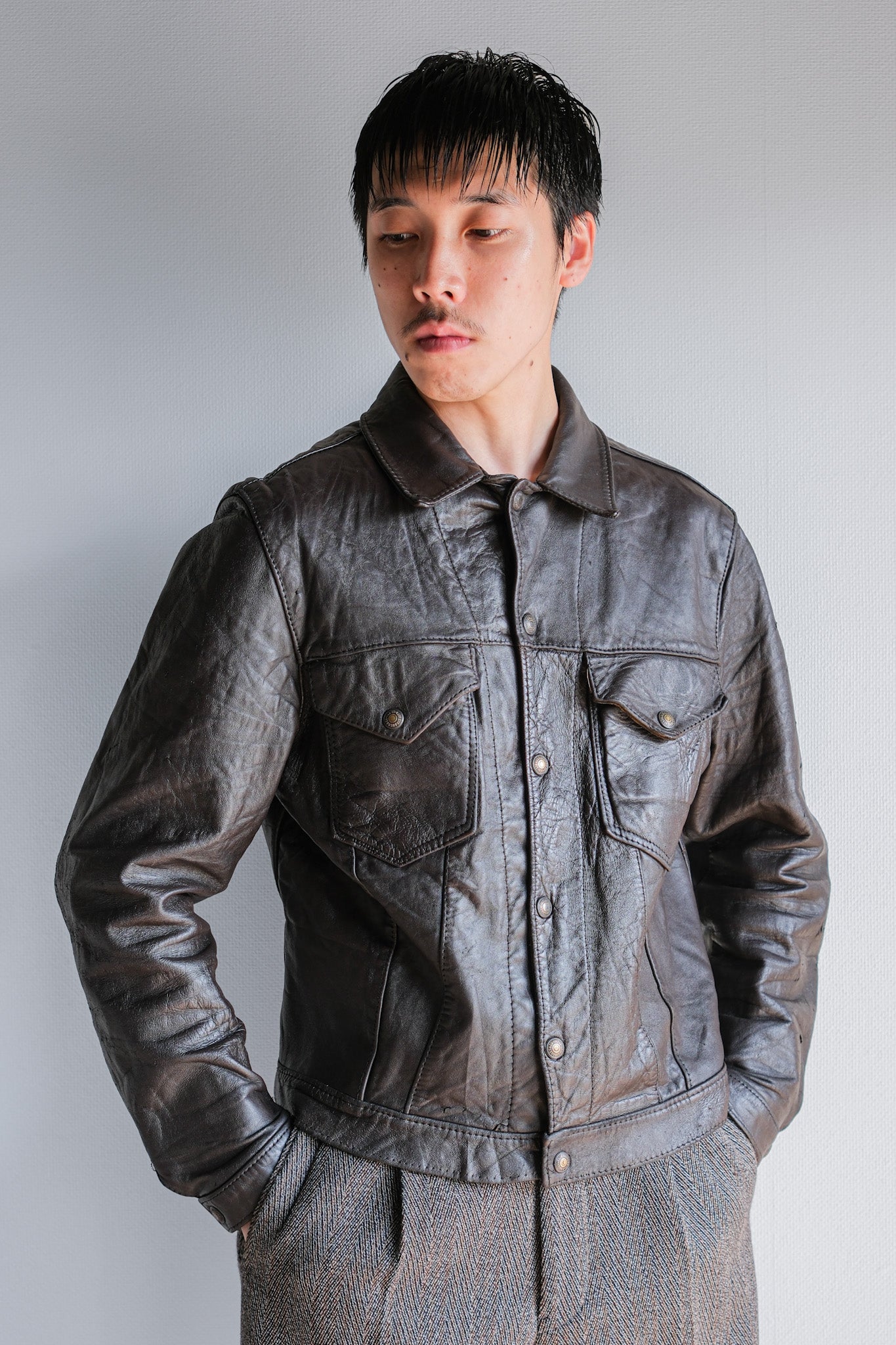 【~50’s】Vintage Levi’s Leather Trucker Jacket "Big E" "Short Horn"