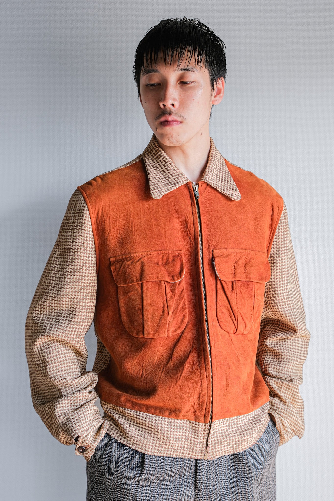 【~50's】American Vintage 2 Tone Houndstooth Rayon Jacket