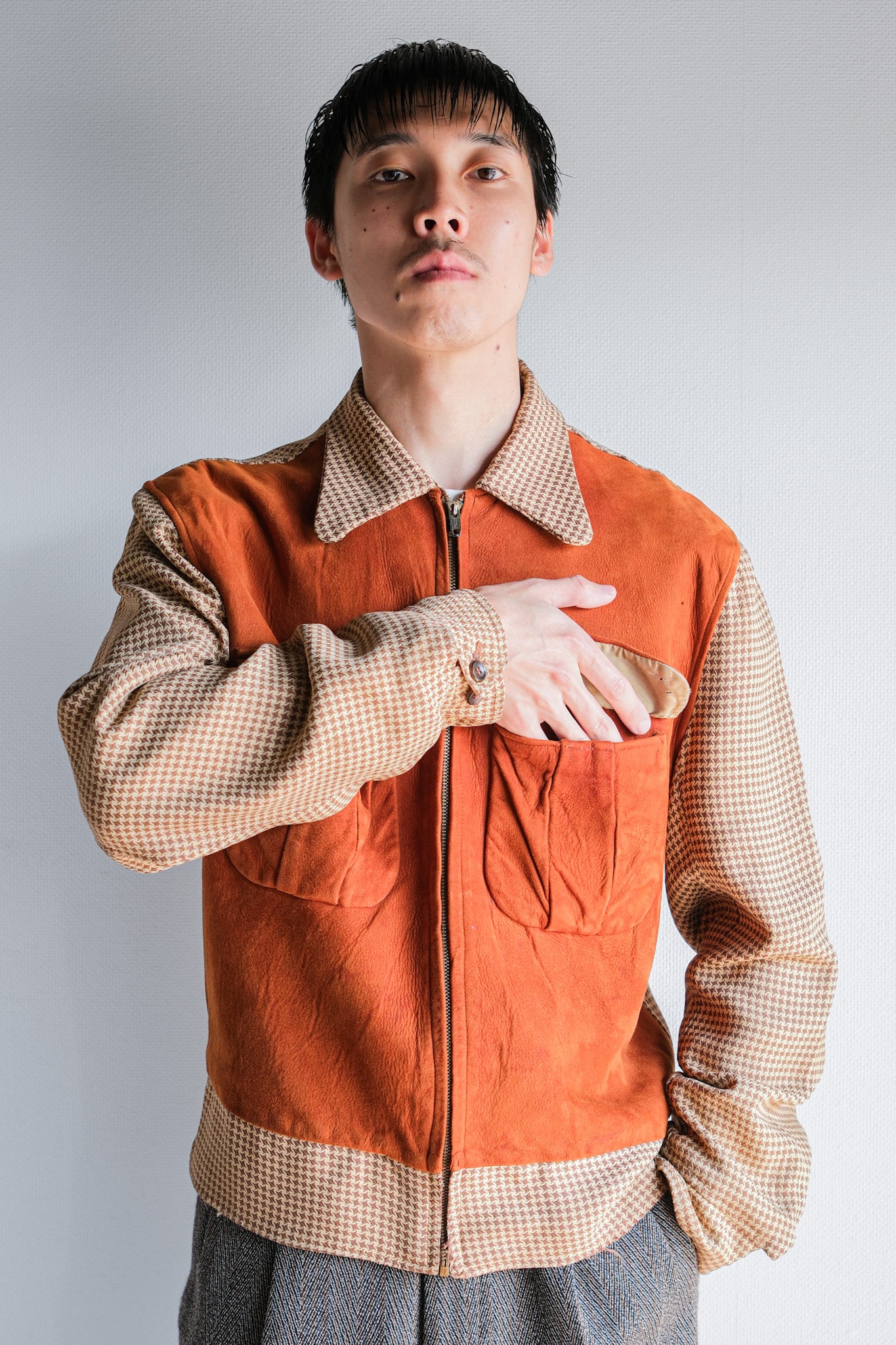 【~50's】American Vintage 2 Tone Houndstooth Rayon Jacket