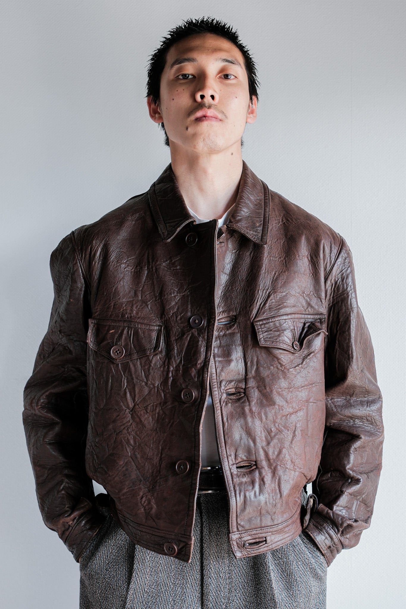 【~40's】WWⅡ French CJF Leather Cyclist Jacket