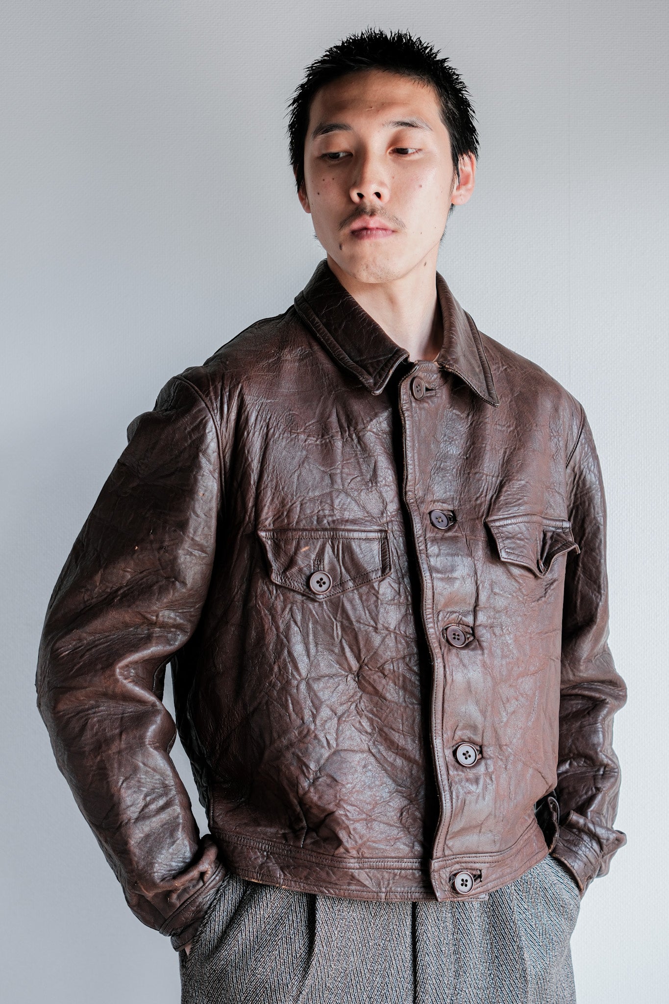 【~40's】WWⅡ French CJF Leather Cyclist Jacket