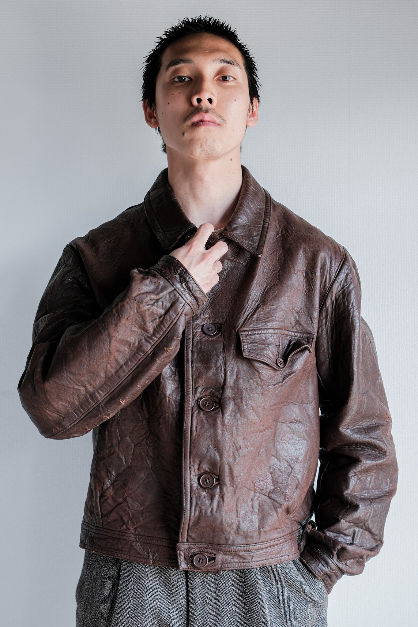 【~40's】WWⅡ French CJF Leather Cyclist Jacket