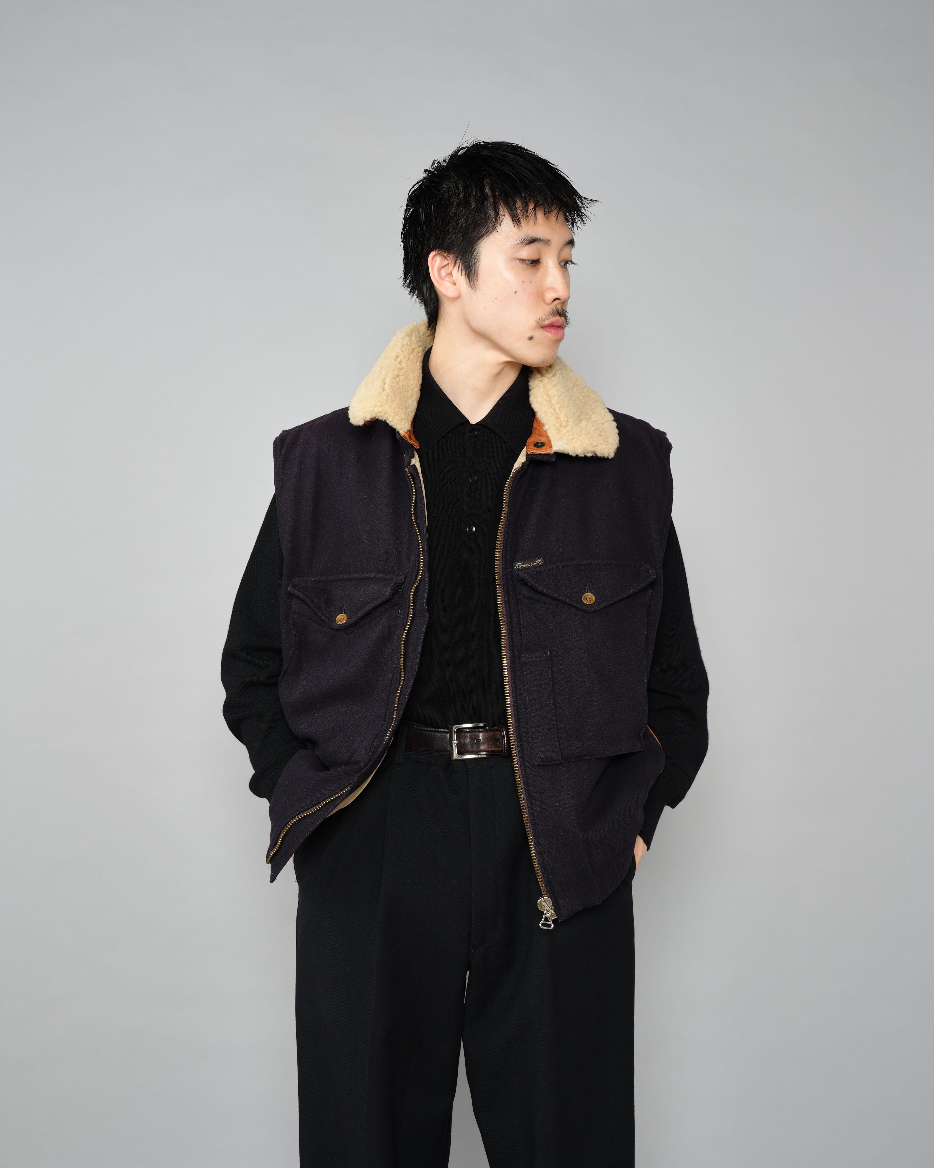 【~80’s】Vintage Façonnable Boa Collar Mixed Wool Vest Size.3