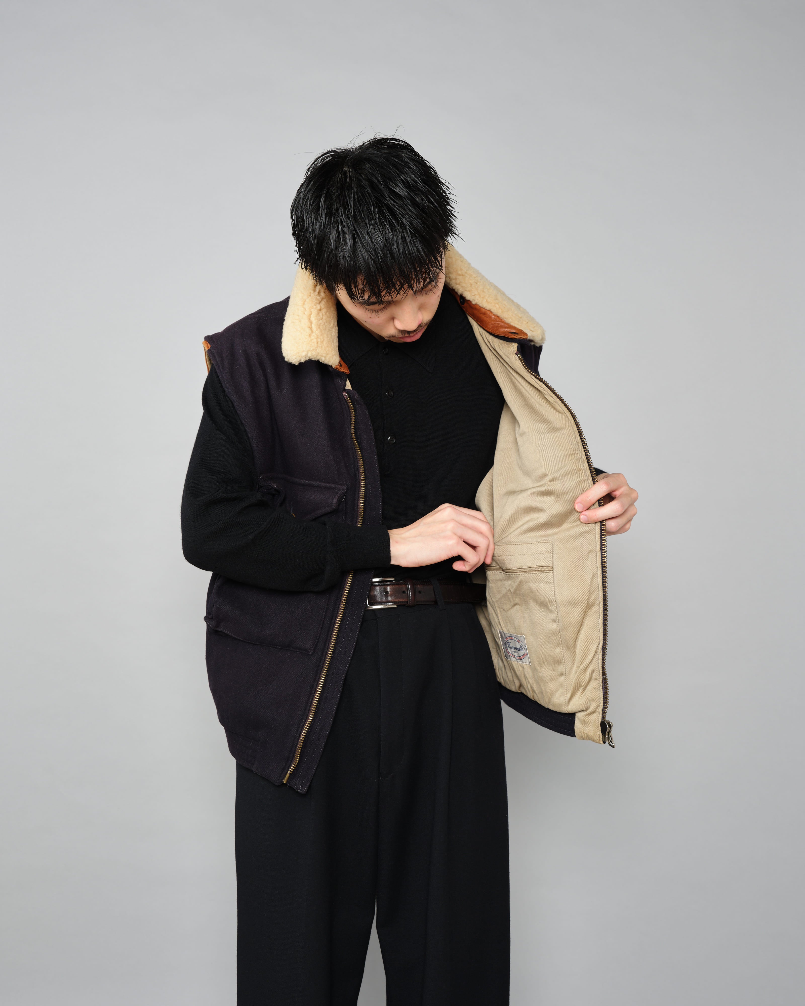 【~80’s】Vintage Façonnable Boa Collar Mixed Wool Vest Size.3