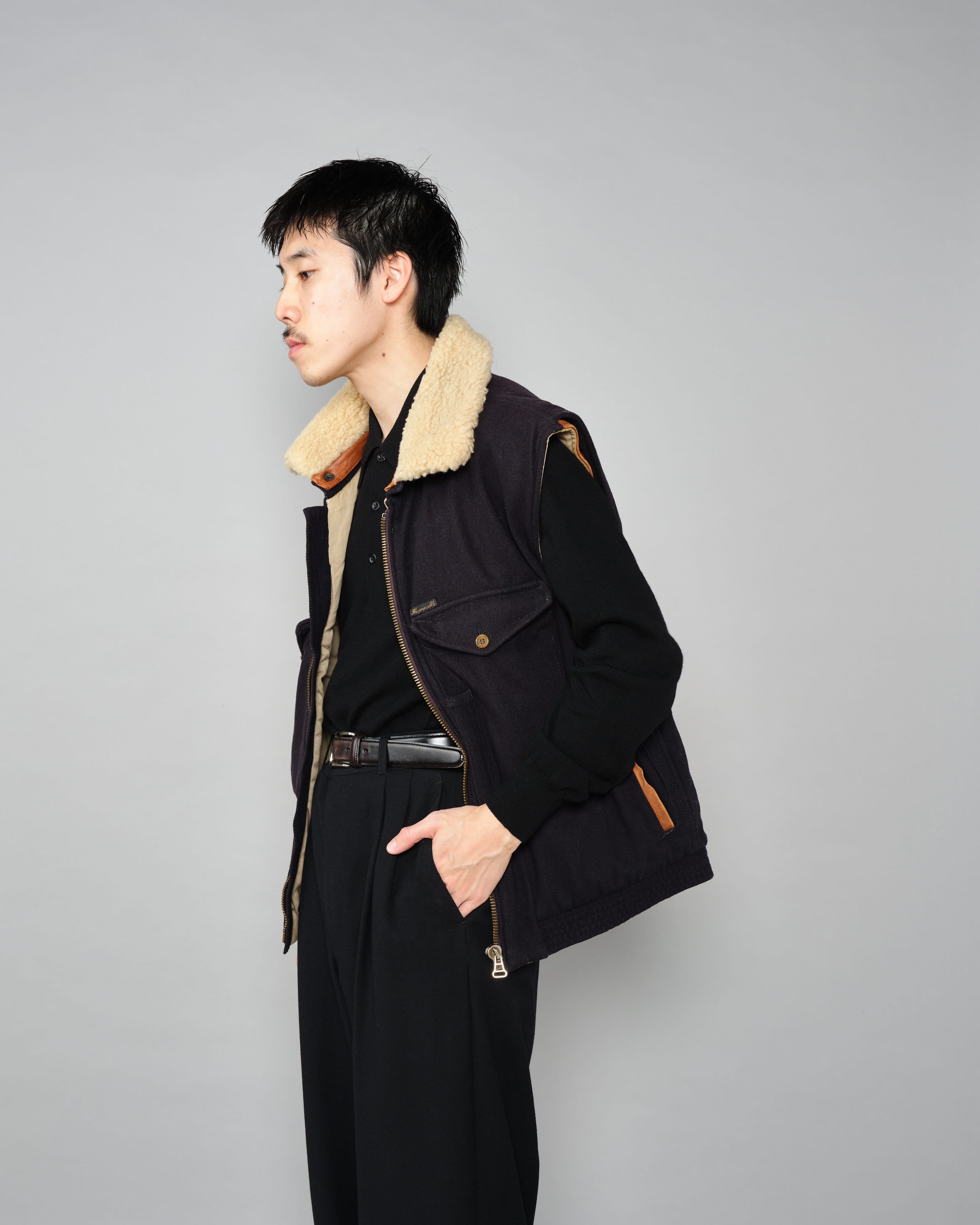 【~80’s】Vintage Façonnable Boa Collar Mixed Wool Vest Size.3