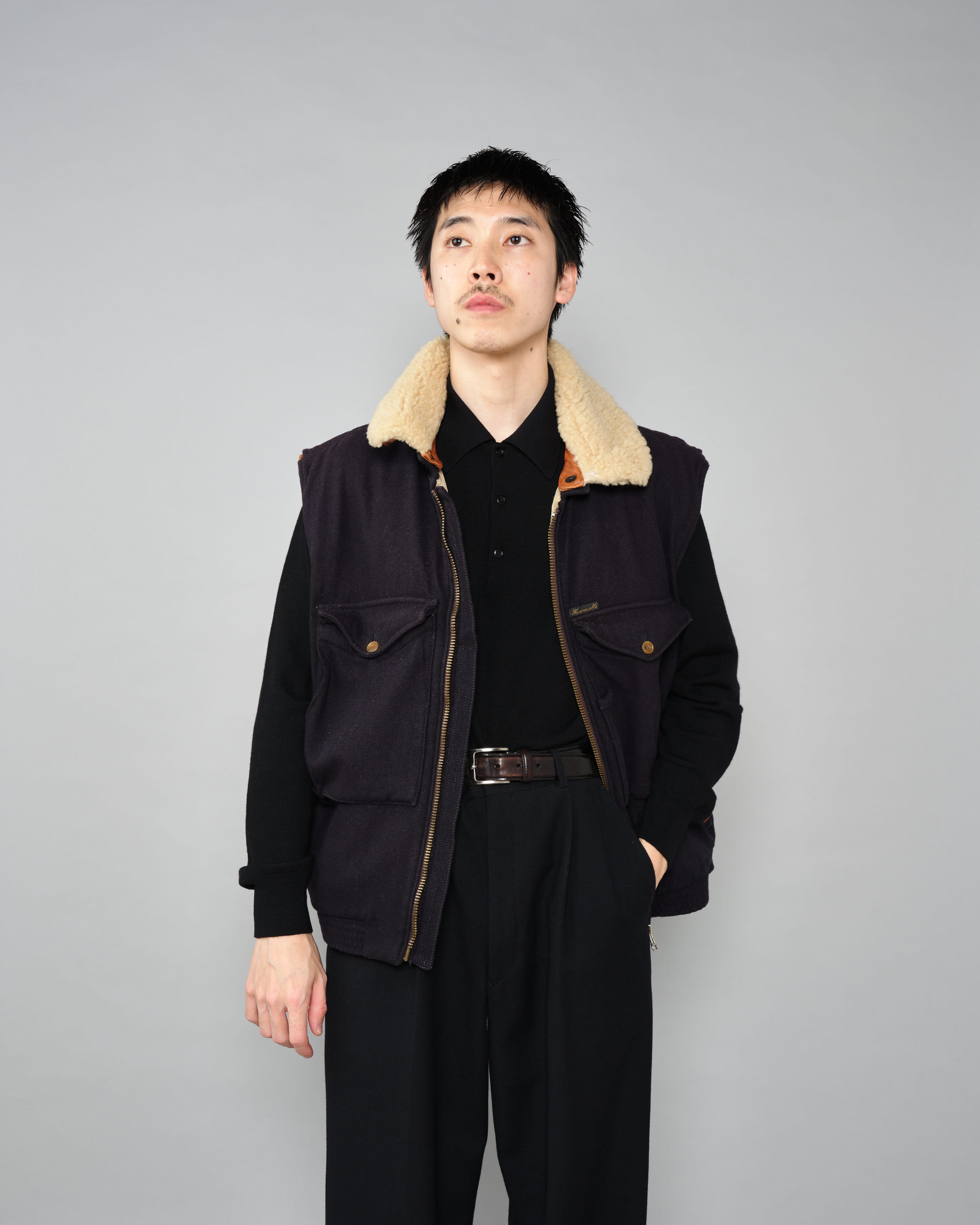 【~80’s】Vintage Façonnable Boa Collar Mixed Wool Vest Size.3