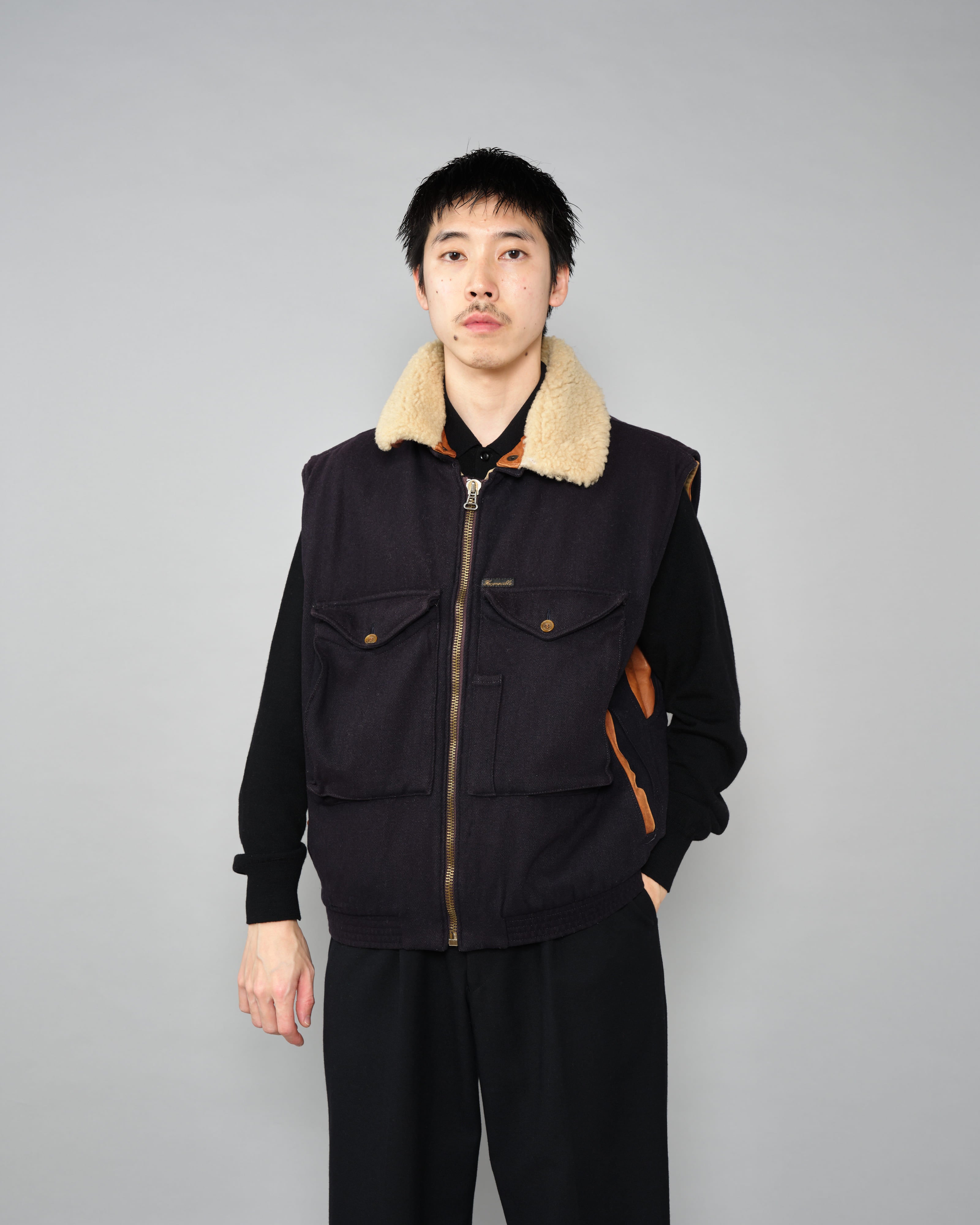 【~80’s】Vintage Façonnable Boa Collar Mixed Wool Vest Size.3