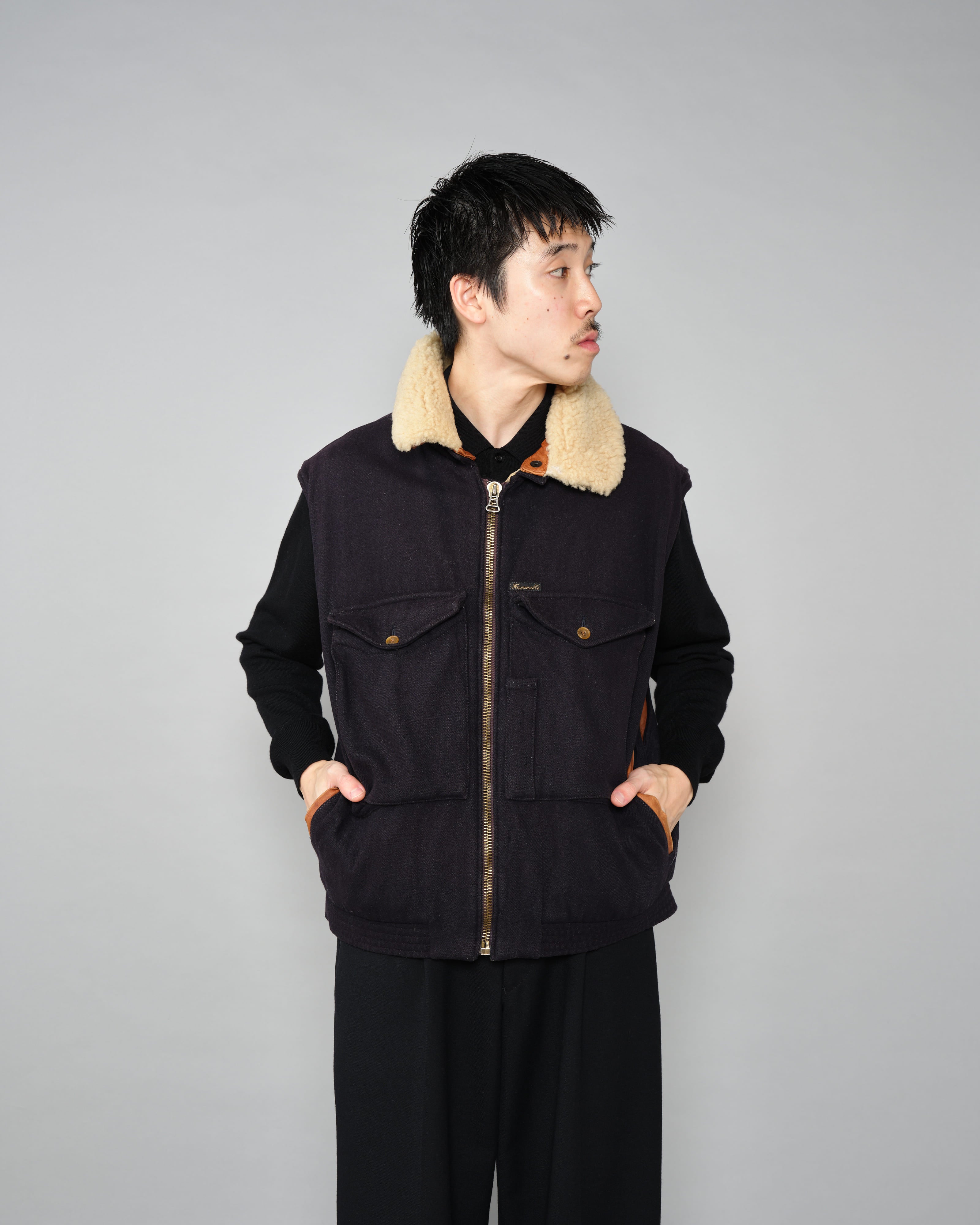 【~80’s】Vintage Façonnable Boa Collar Mixed Wool Vest Size.3