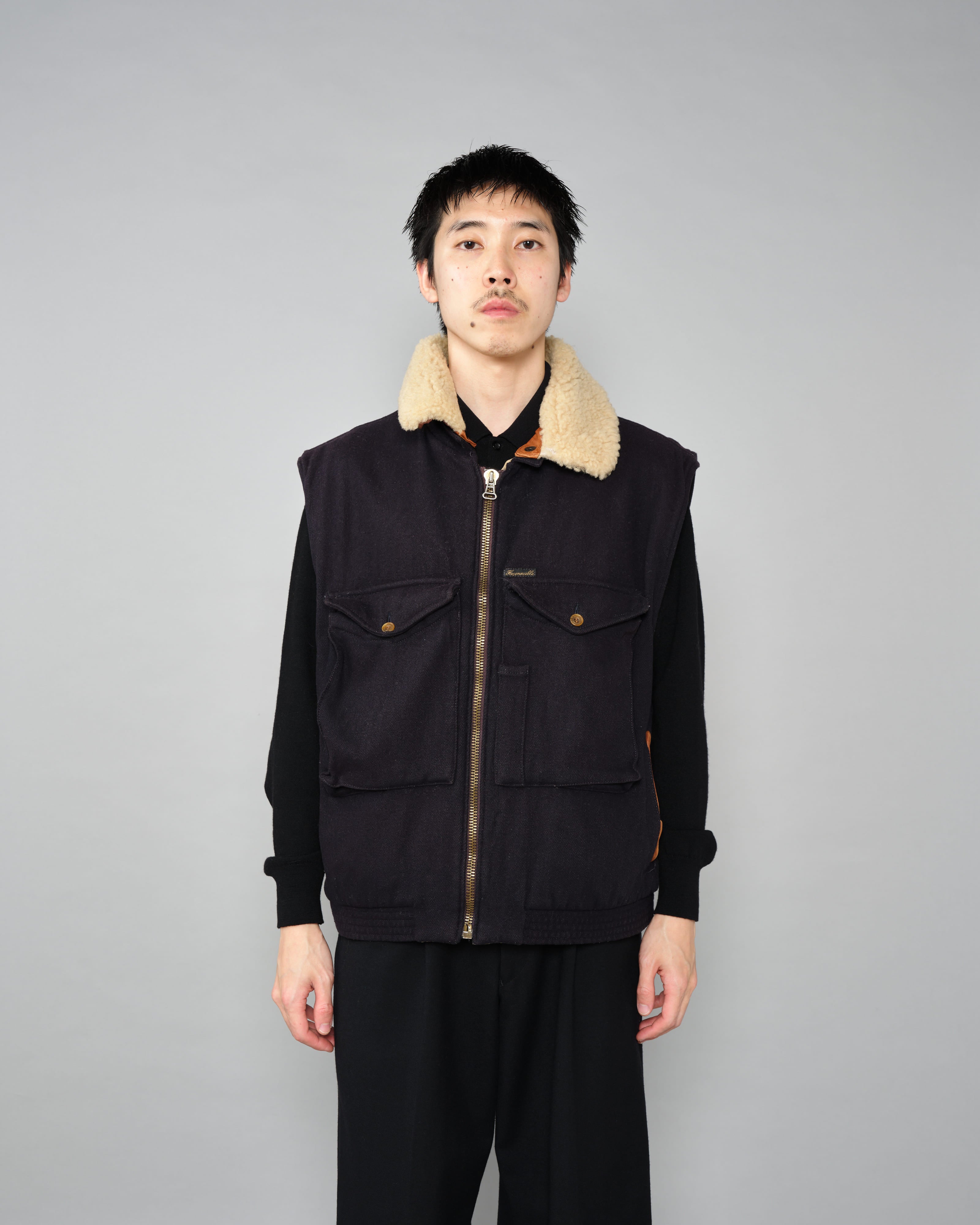 【~80’s】Vintage Façonnable Boa Collar Mixed Wool Vest Size.3