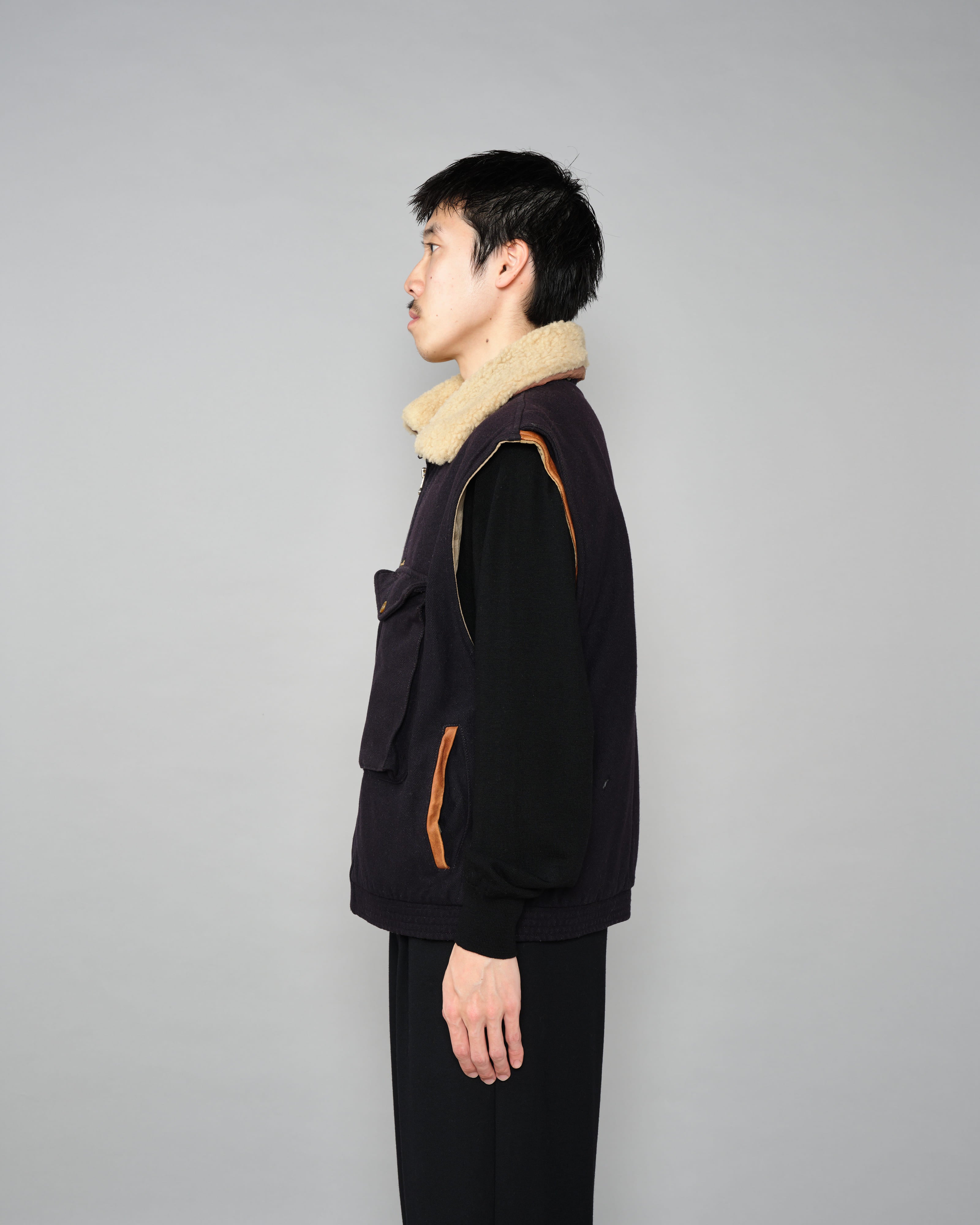 【~80’s】Vintage Façonnable Boa Collar Mixed Wool Vest Size.3