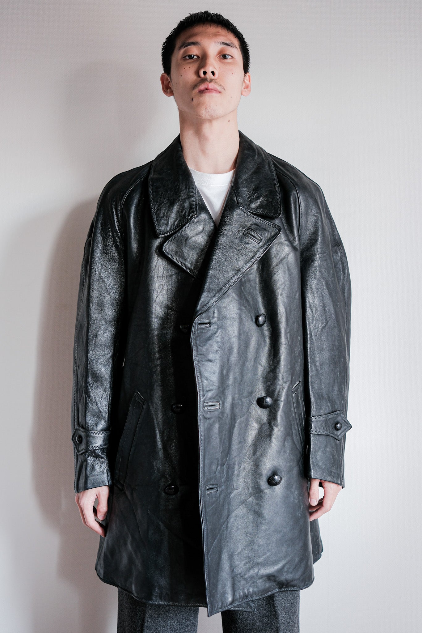 【~50's】Italian Army Police Double Breasted Leather Coat Size.2 "Carabinieri"