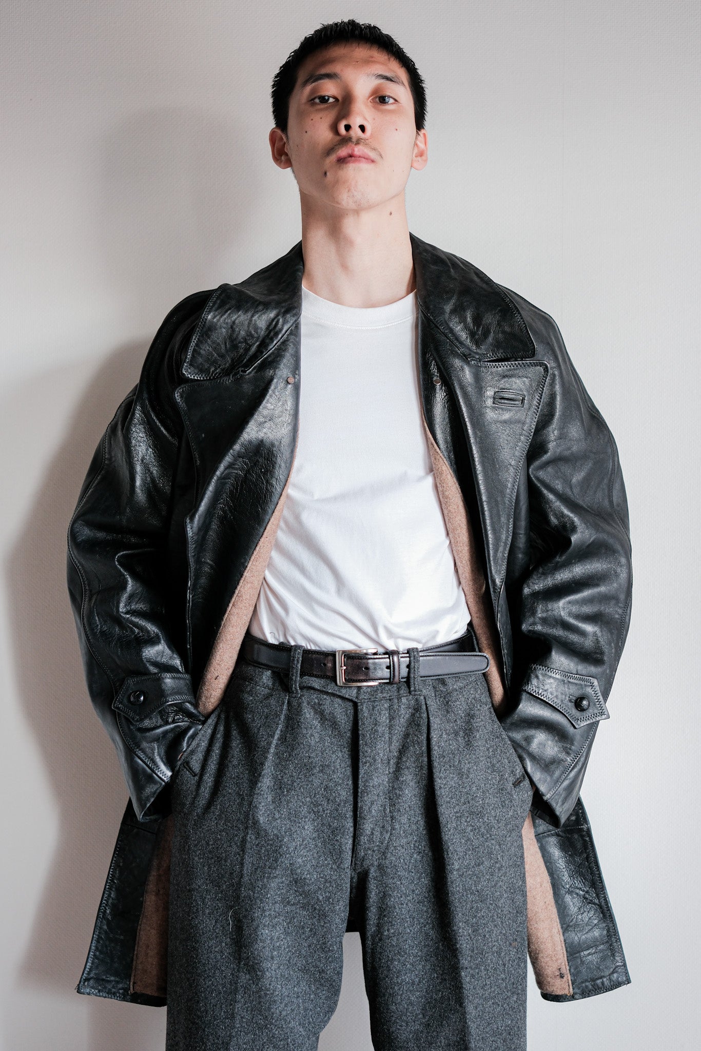 【~50's】Italian Army Police Double Breasted Leather Coat Size.2 "Carabinieri"