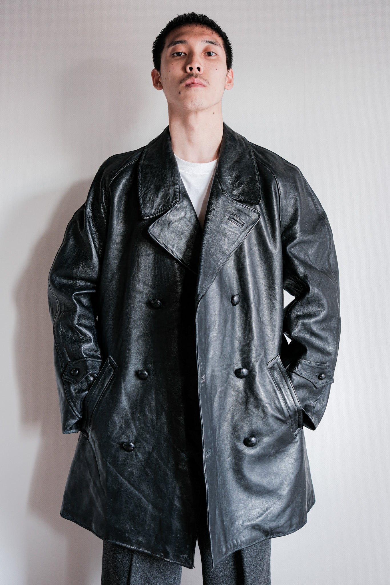 【~50's】Italian Army Police Double Breasted Leather Coat Size.2 "Carabinieri"