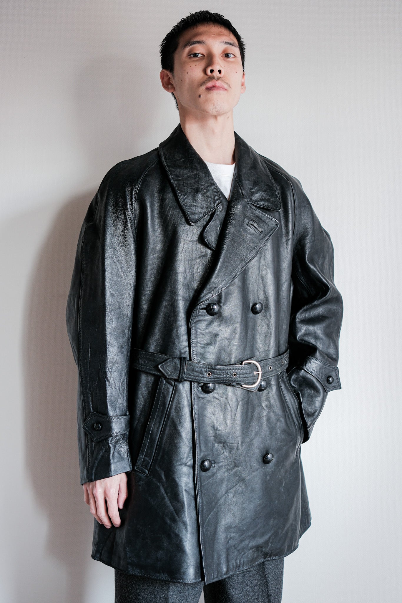 【~50's】Italian Army Police Double Breasted Leather Coat Size.2 "Carabinieri"