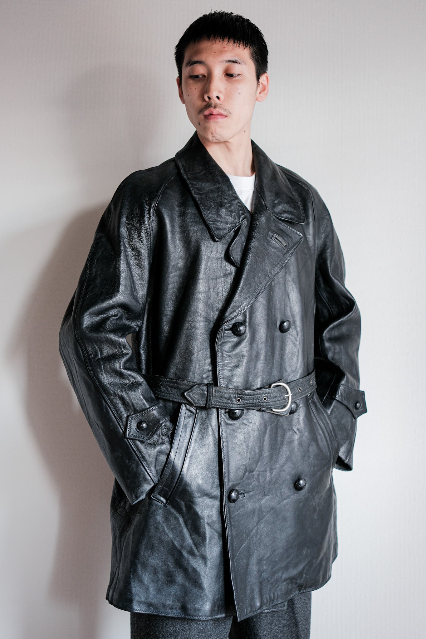 【~50's】Italian Army Police Double Breasted Leather Coat Size.2 "Carabinieri"