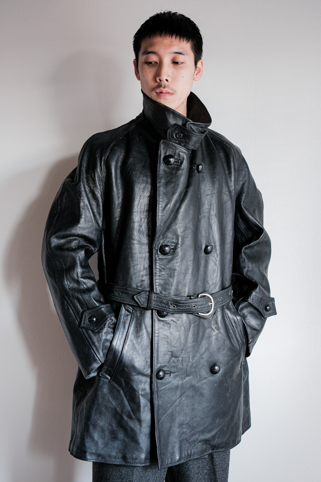 【~50's】Italian Army Police Double Breasted Leather Coat Size.2 "Carabinieri"