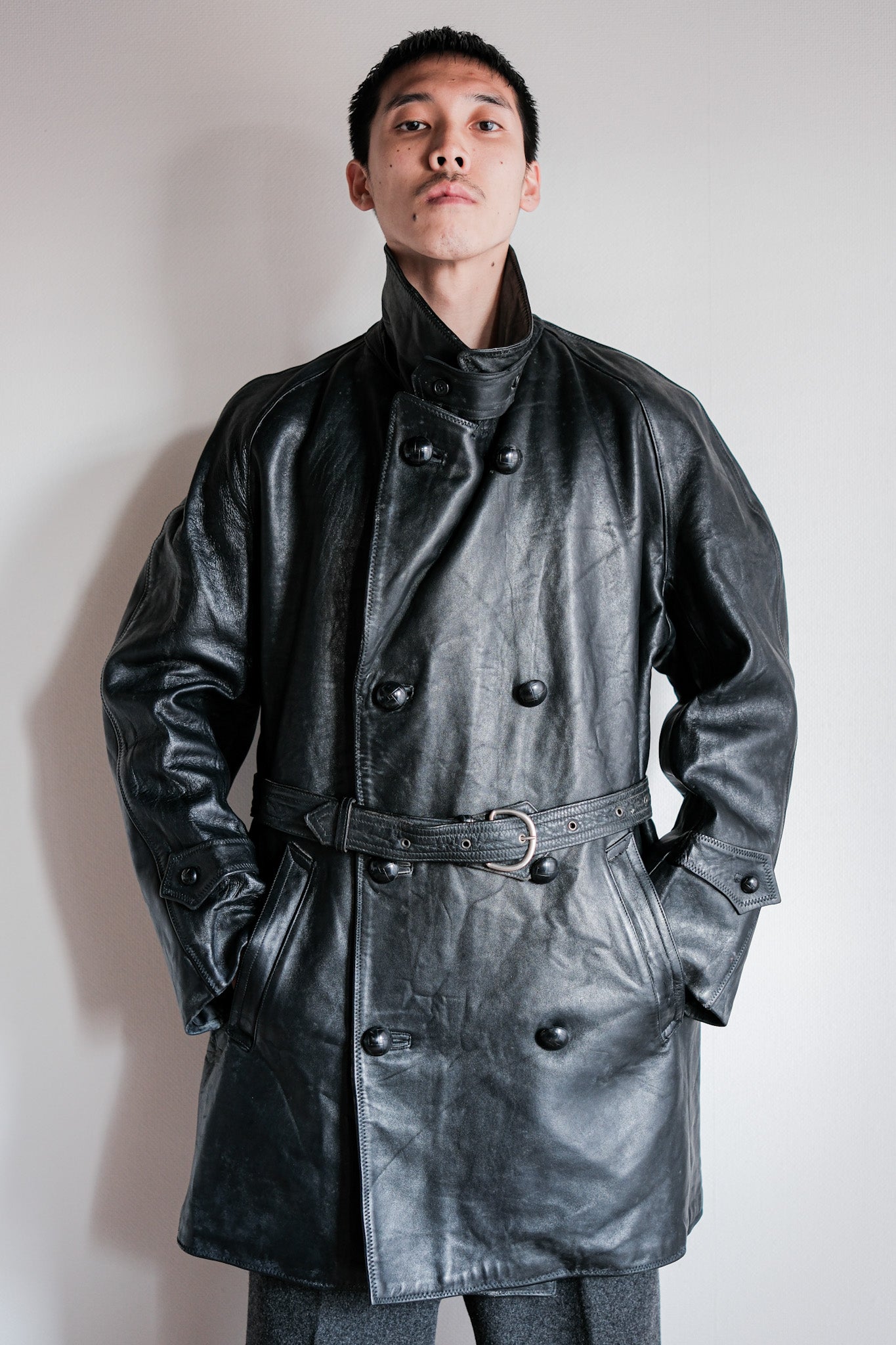 【~50's】Italian Army Police Double Breasted Leather Coat Size.2 "Carabinieri"