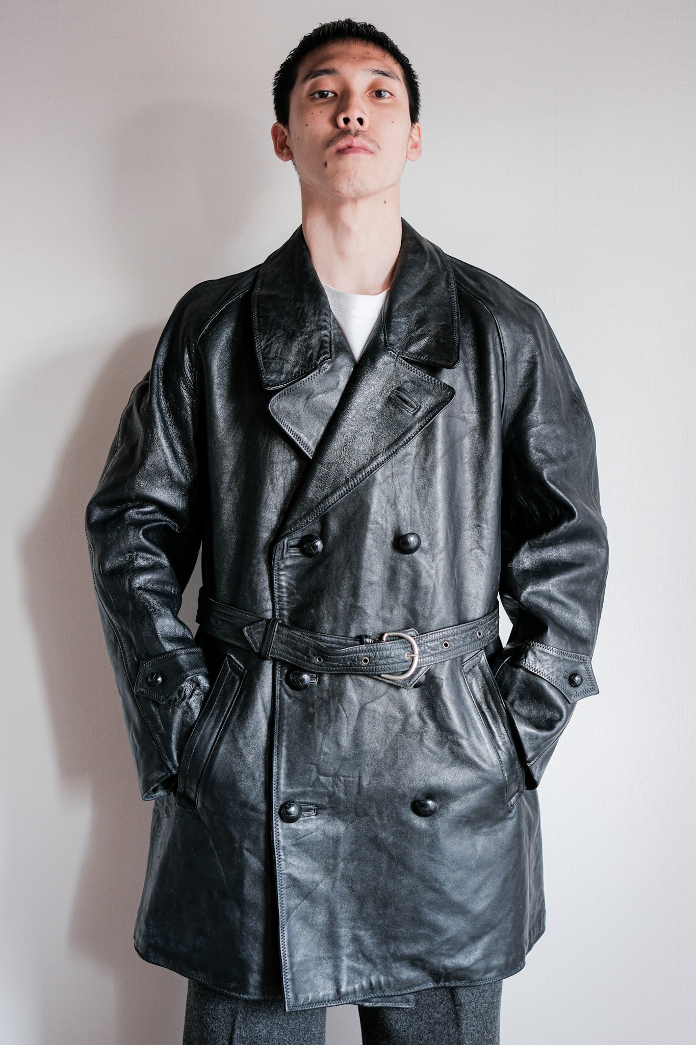 【~50's】Italian Army Police Double Breasted Leather Coat Size.2 "Carabinieri"