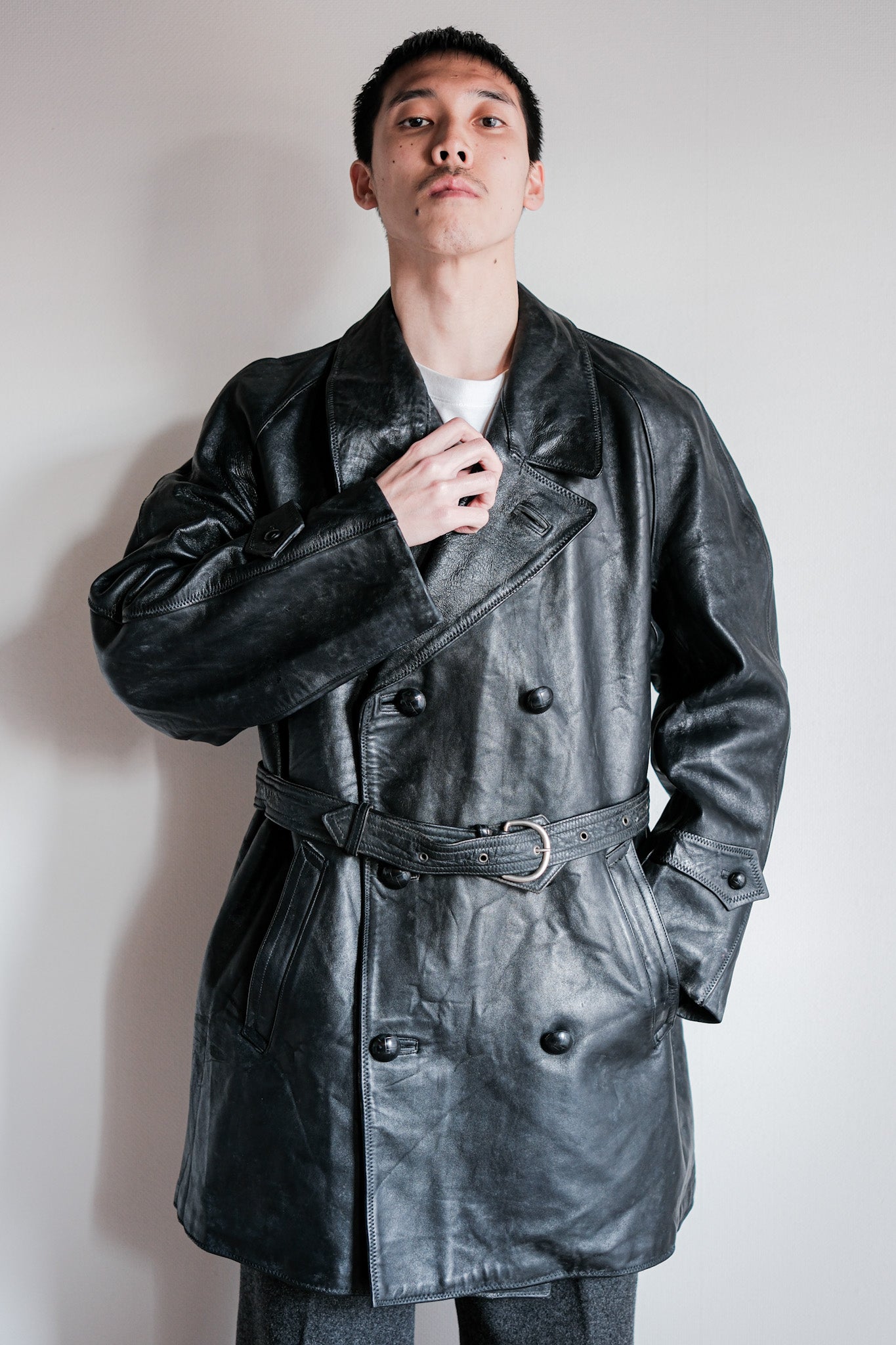 【~50's】Italian Army Police Double Breasted Leather Coat Size.2 "Carabinieri"