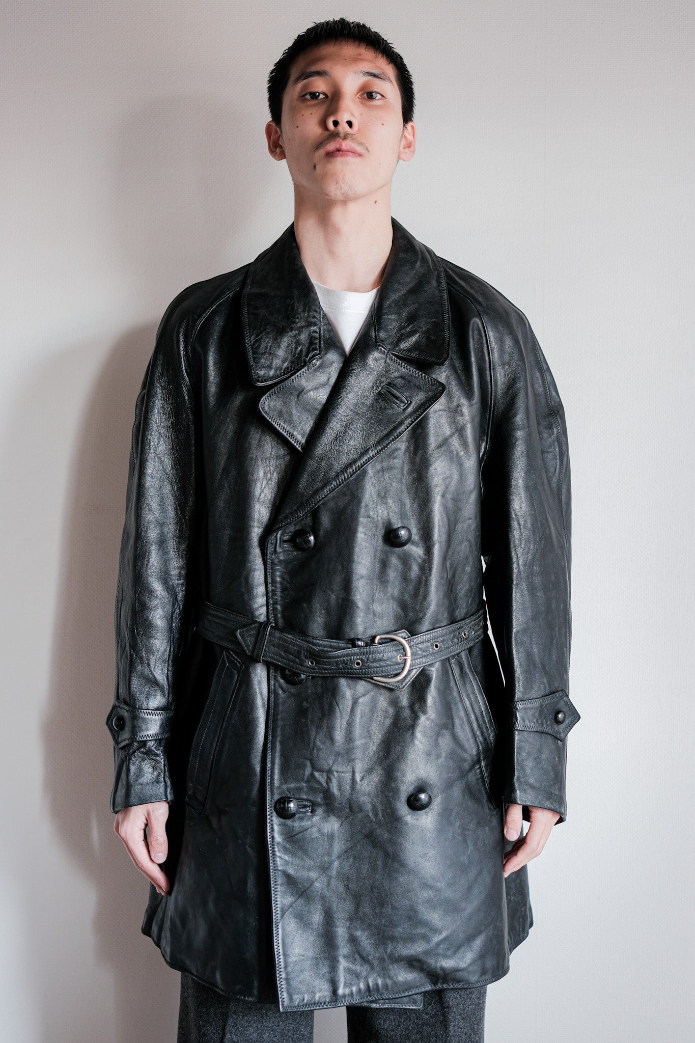 【~50's】Italian Army Police Double Breasted Leather Coat Size.2 "Carabinieri"