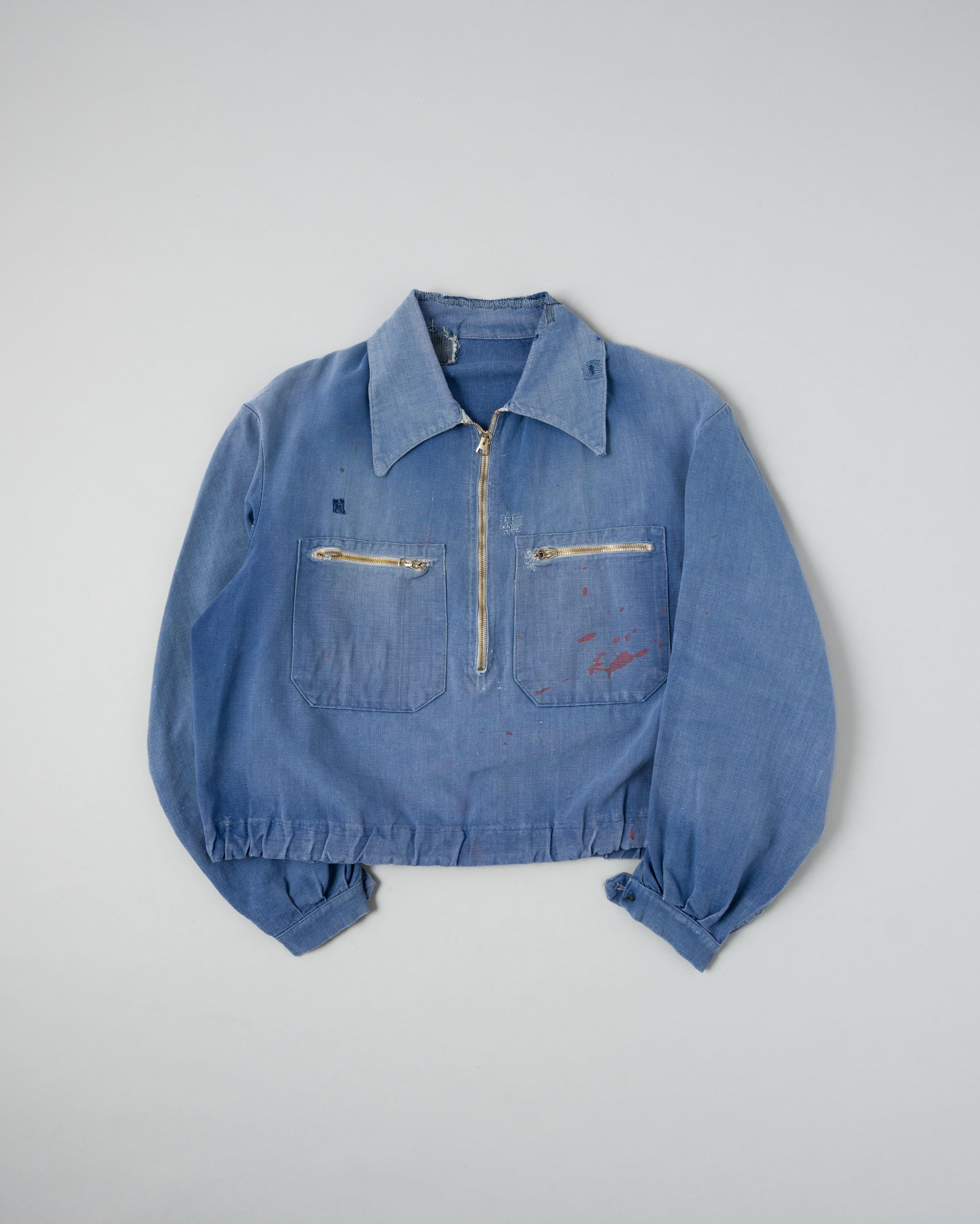 【~40's】French Vintage Blue Metis Half Zip Pullover Work Short Jacket