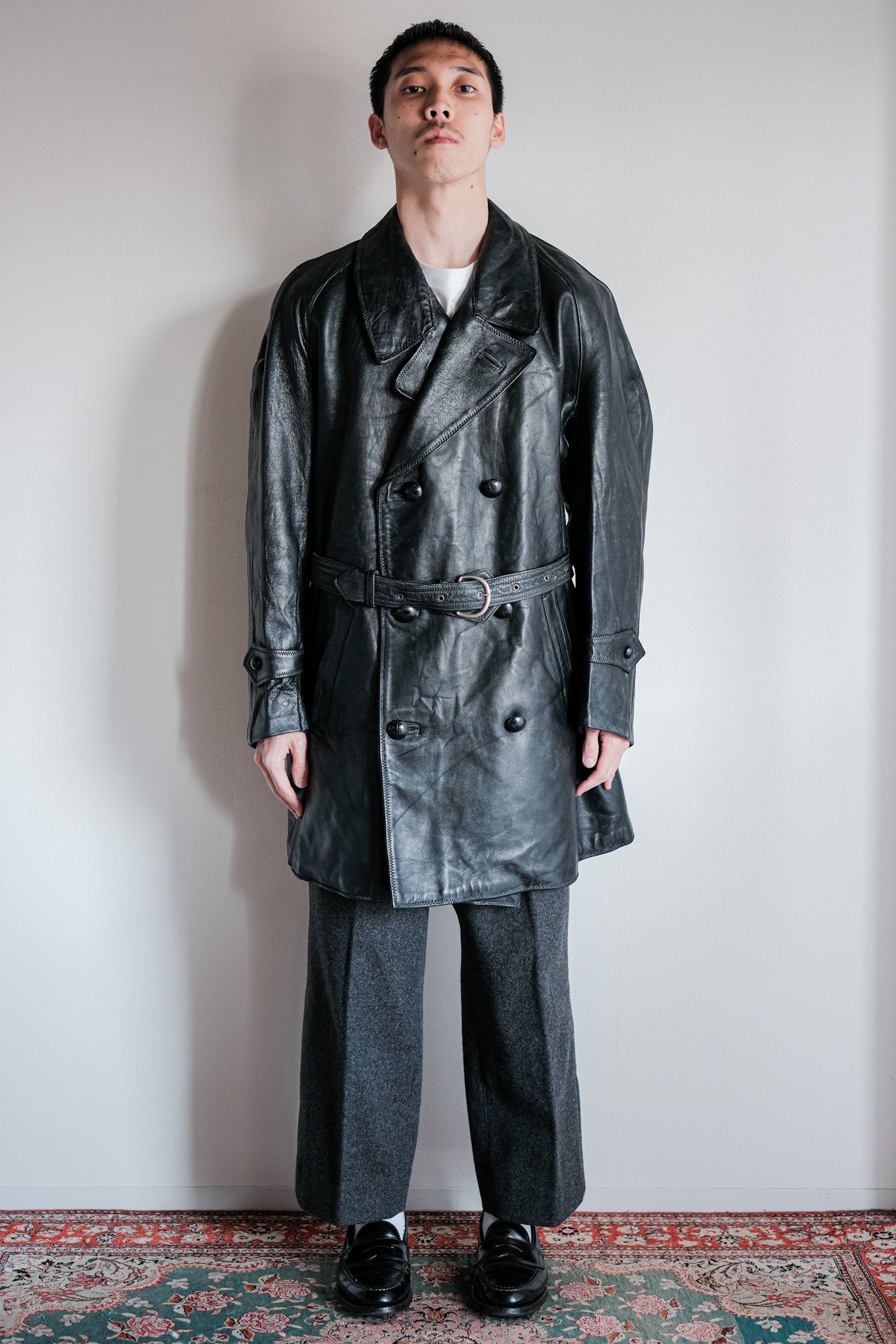 【~50's】Italian Army Police Double Breasted Leather Coat Size.2 "Carabinieri"