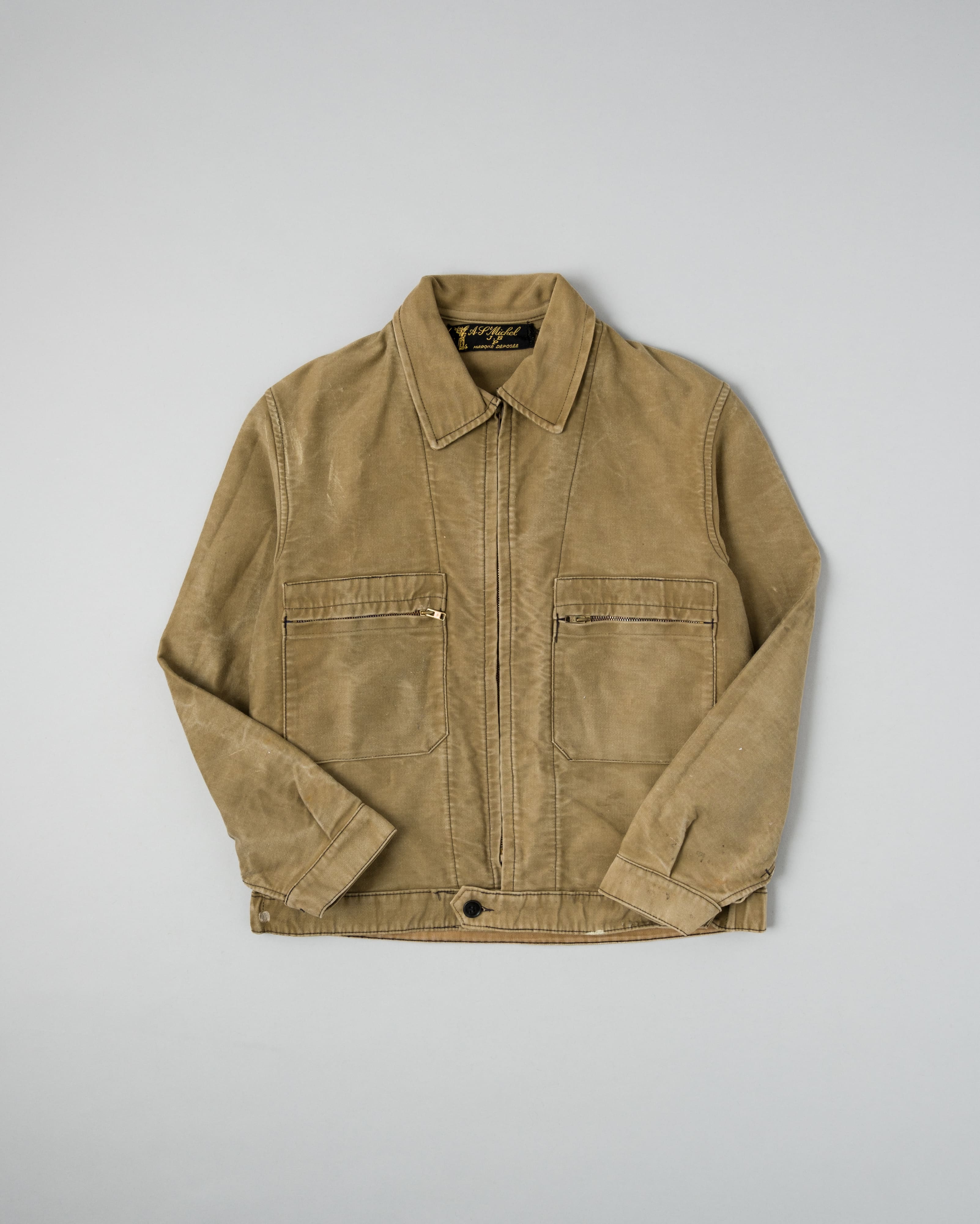 【~50's】French Vintage Brown Beige Moleskin Cyclist Jacket