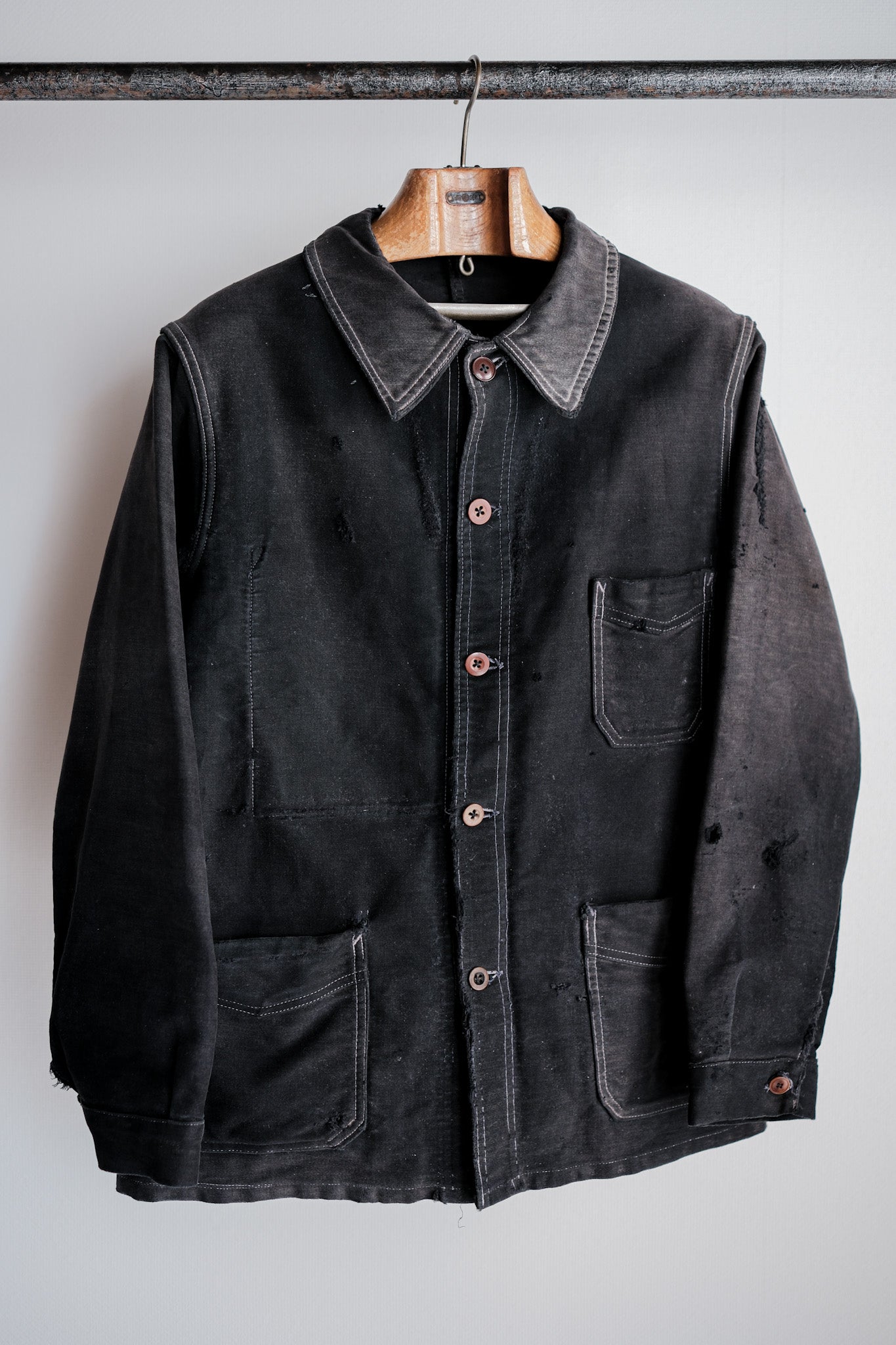 【~40's】French Vintage Black Moleskin Work Jacket "Boro"