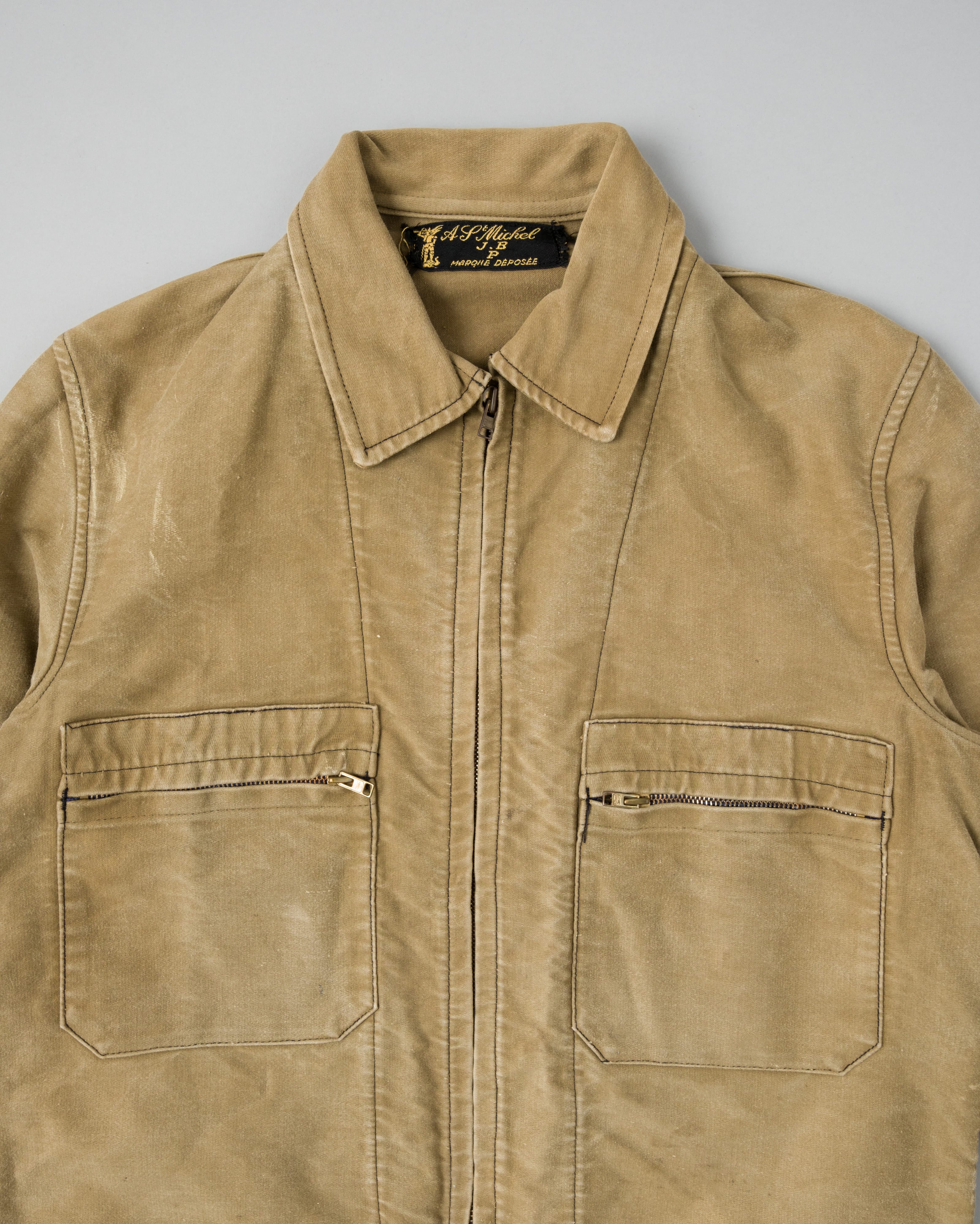 【~50's】French Vintage Brown Beige Moleskin Cyclist Jacket