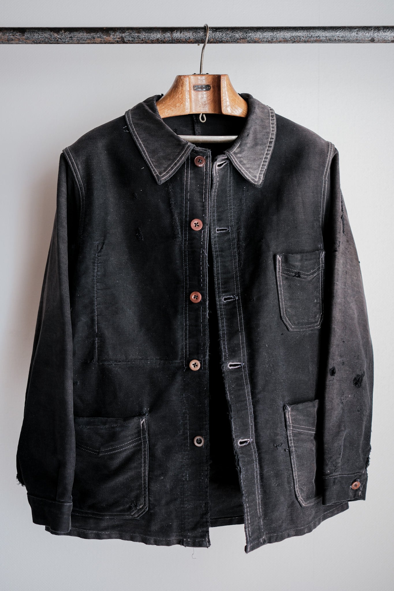 【~40's】French Vintage Black Moleskin Work Jacket "Boro"