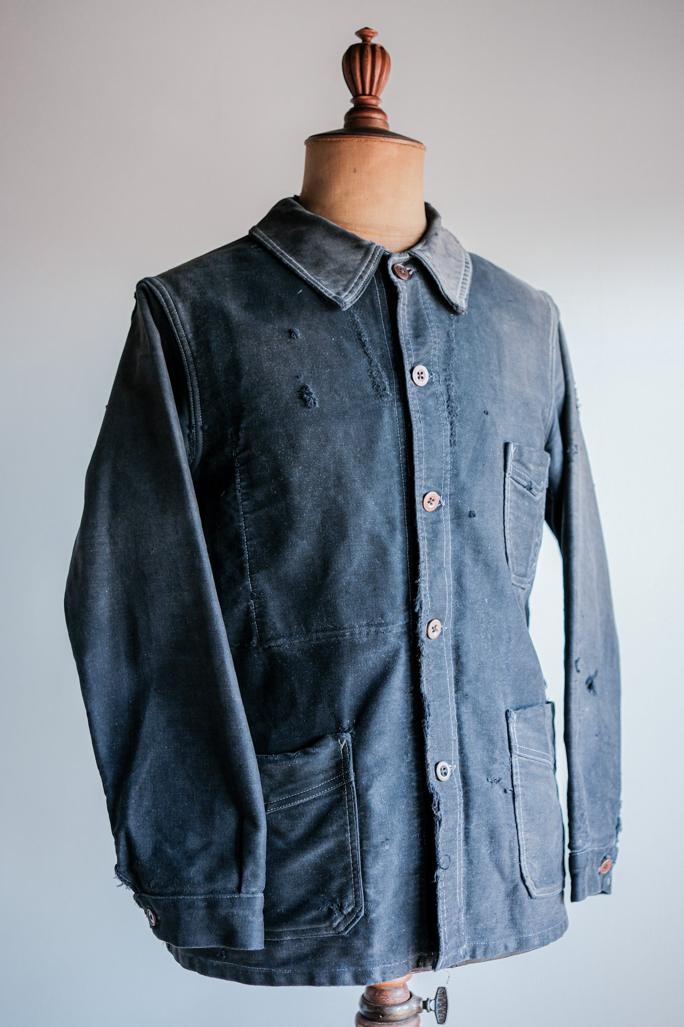 【~40's】French Vintage Black Moleskin Work Jacket "Boro"