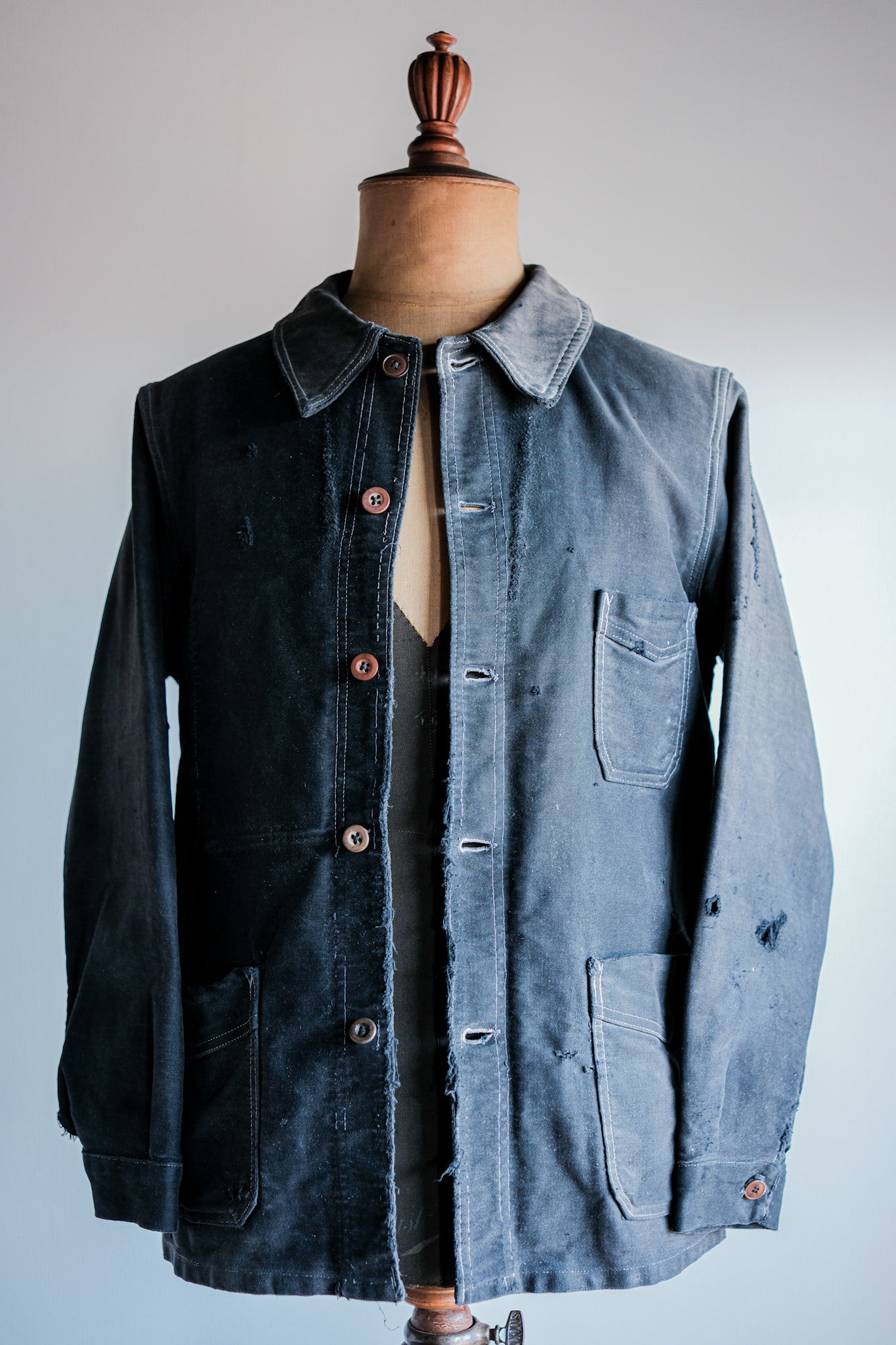 【~40's】French Vintage Black Moleskin Work Jacket "Boro"