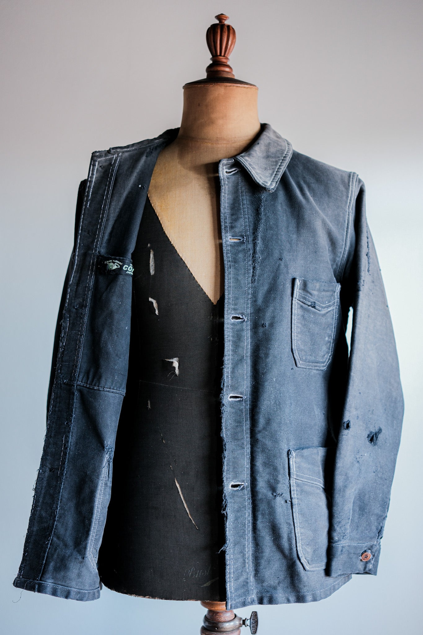 【~40's】French Vintage Black Moleskin Work Jacket "Boro"