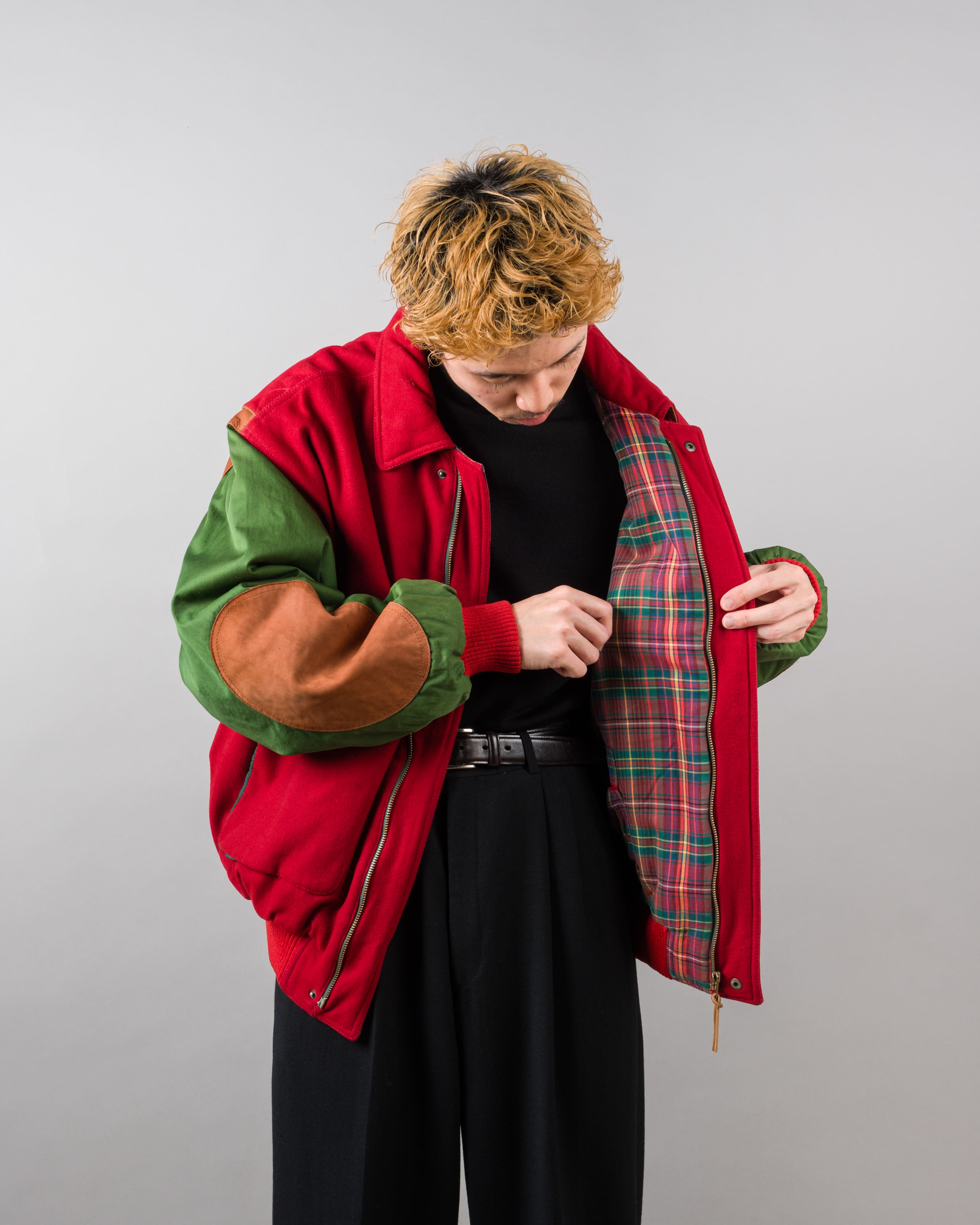 【~80’s】Vintage Façonnable Mixed Wool Crazy Pattern Blouson With Chin Strap Size.L