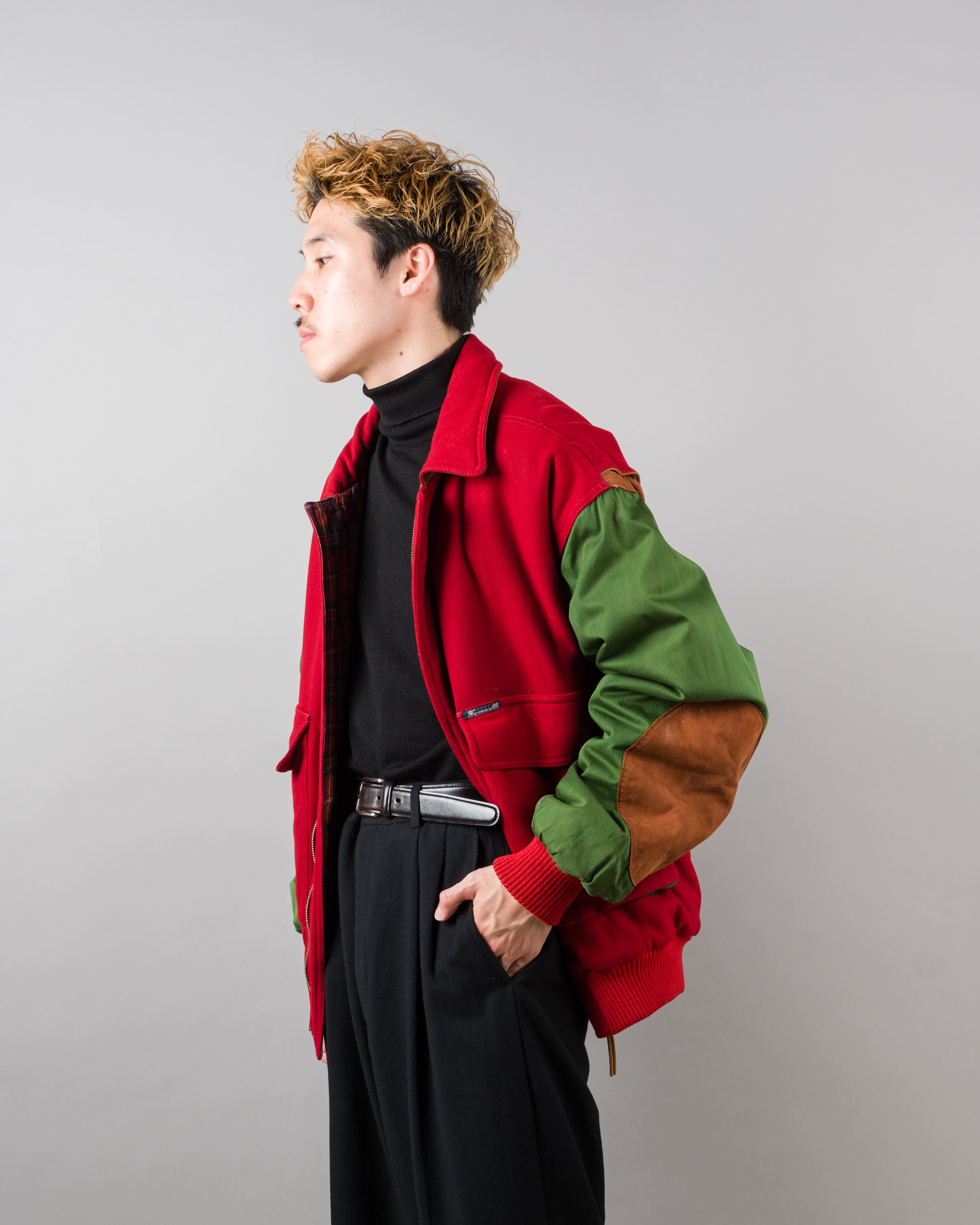 【~80’s】Vintage Façonnable Mixed Wool Crazy Pattern Blouson With Chin Strap Size.L