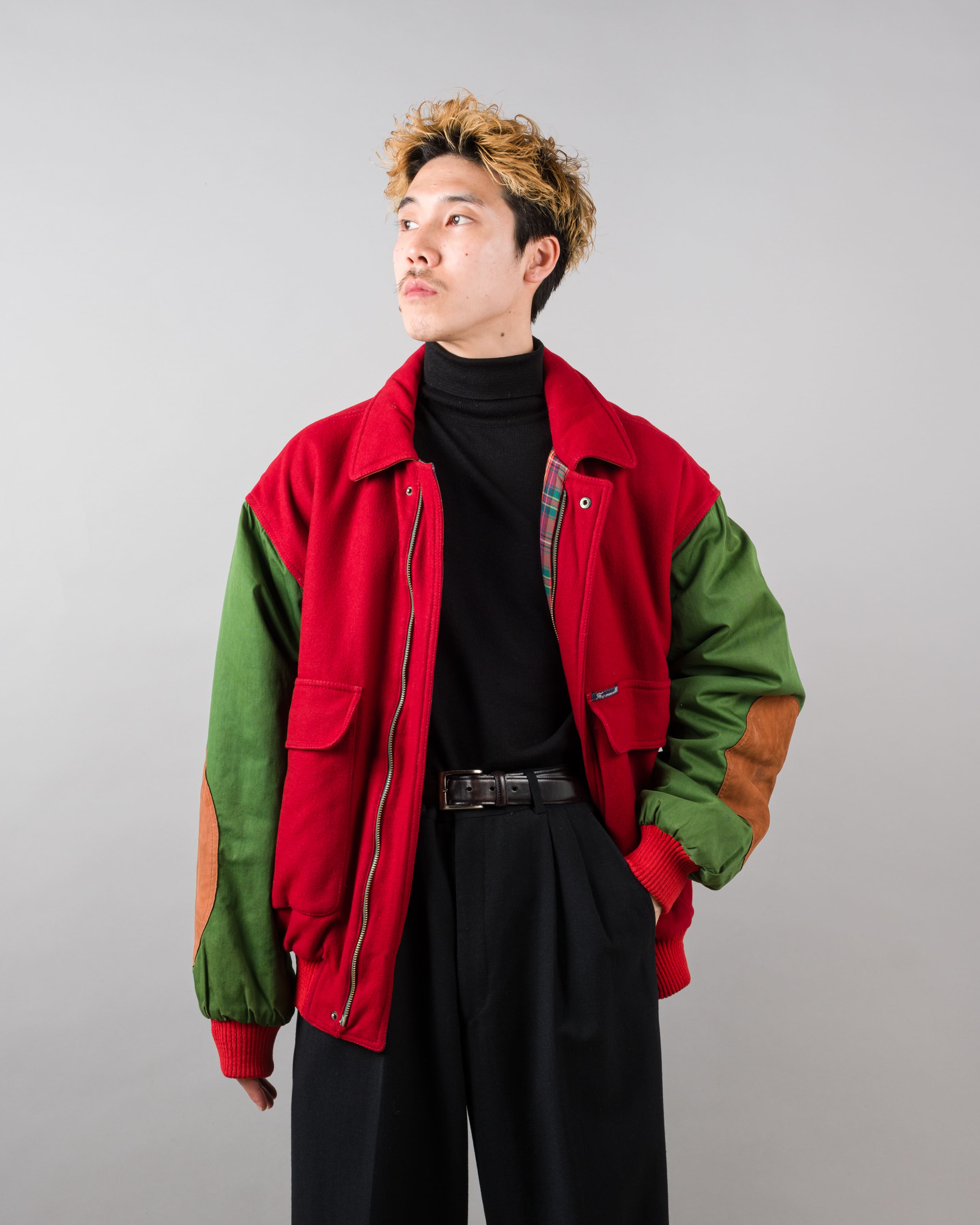 【~80’s】Vintage Façonnable Mixed Wool Crazy Pattern Blouson With Chin Strap Size.L