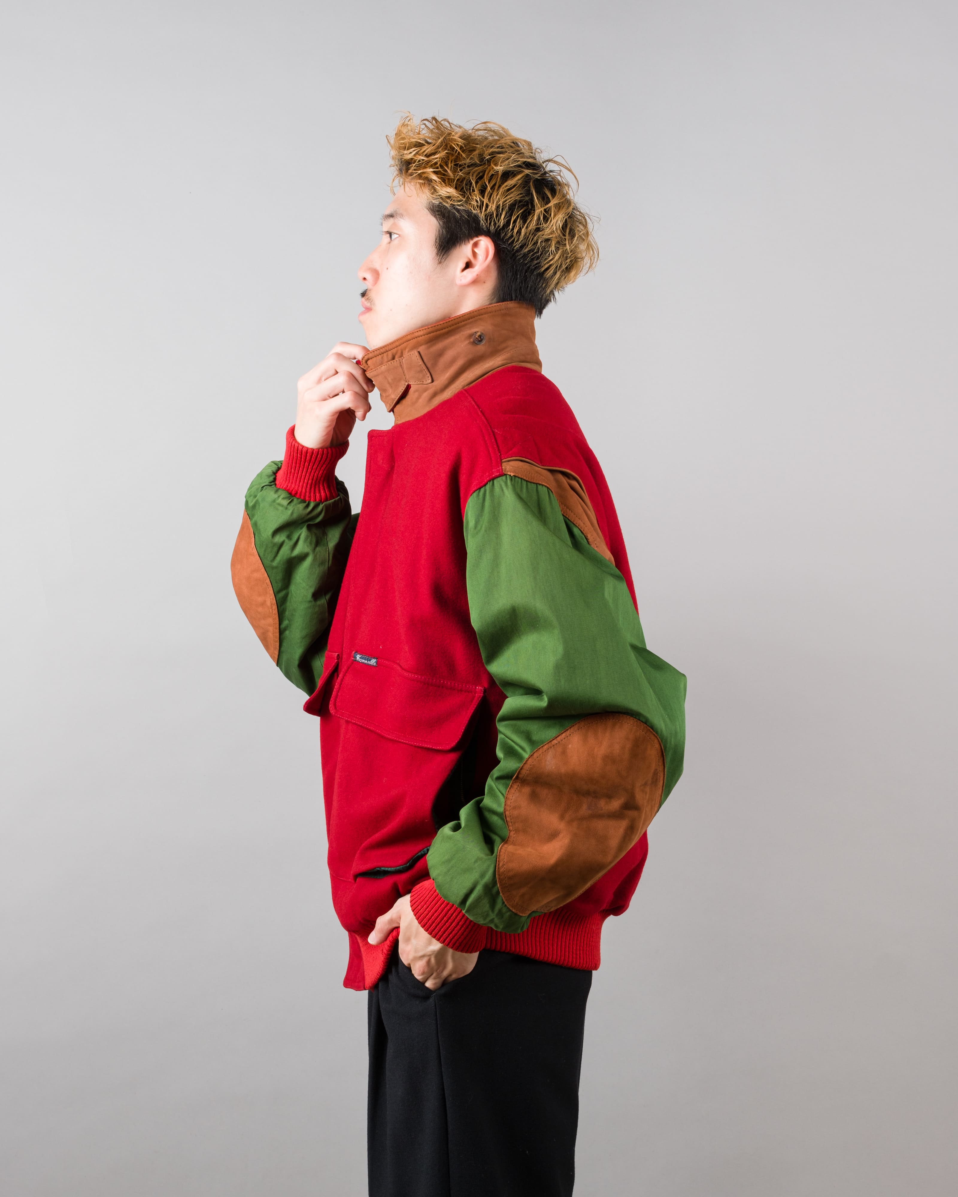 【~80’s】Vintage Façonnable Mixed Wool Crazy Pattern Blouson With Chin Strap Size.L