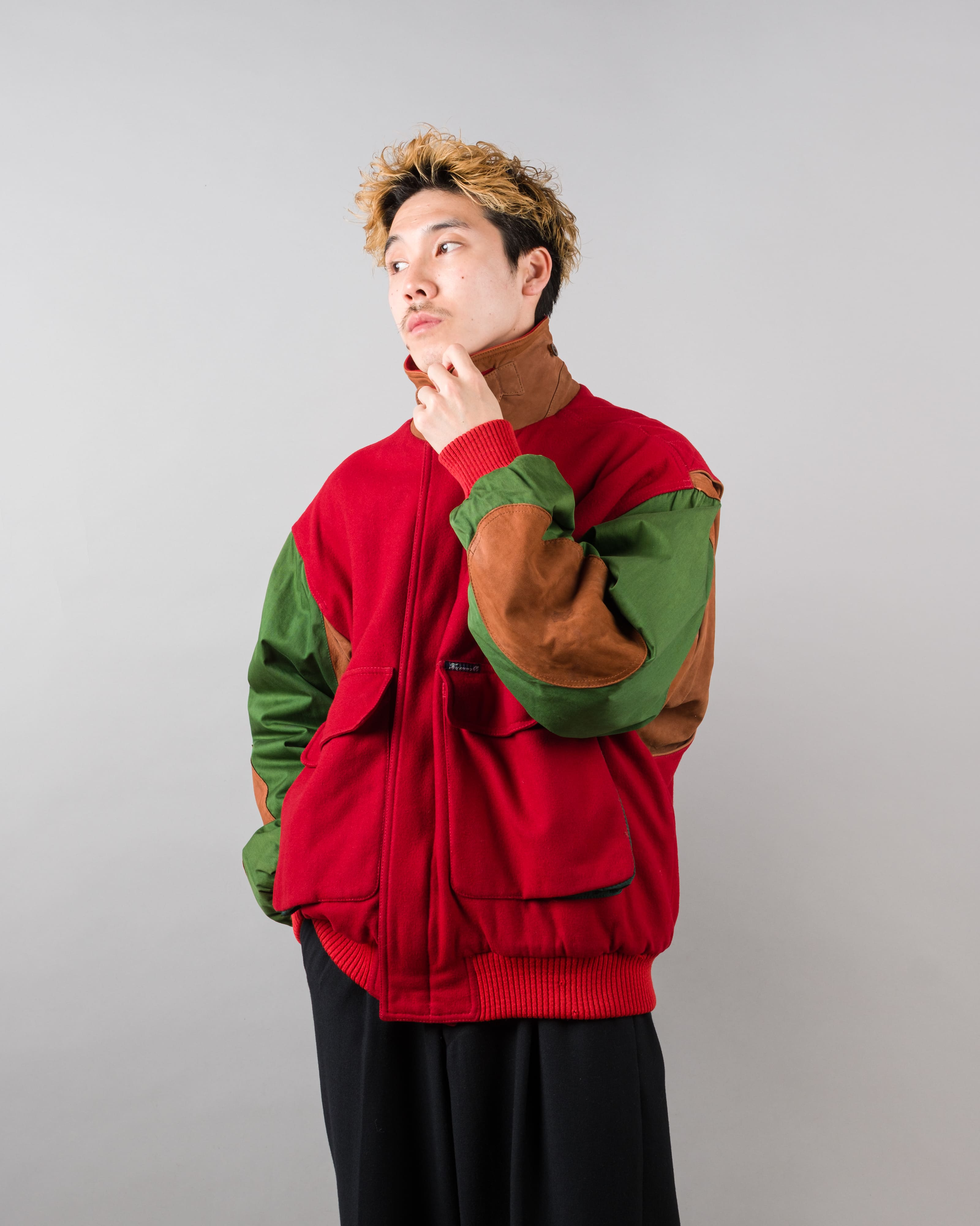 【~80’s】Vintage Façonnable Mixed Wool Crazy Pattern Blouson With Chin Strap Size.L